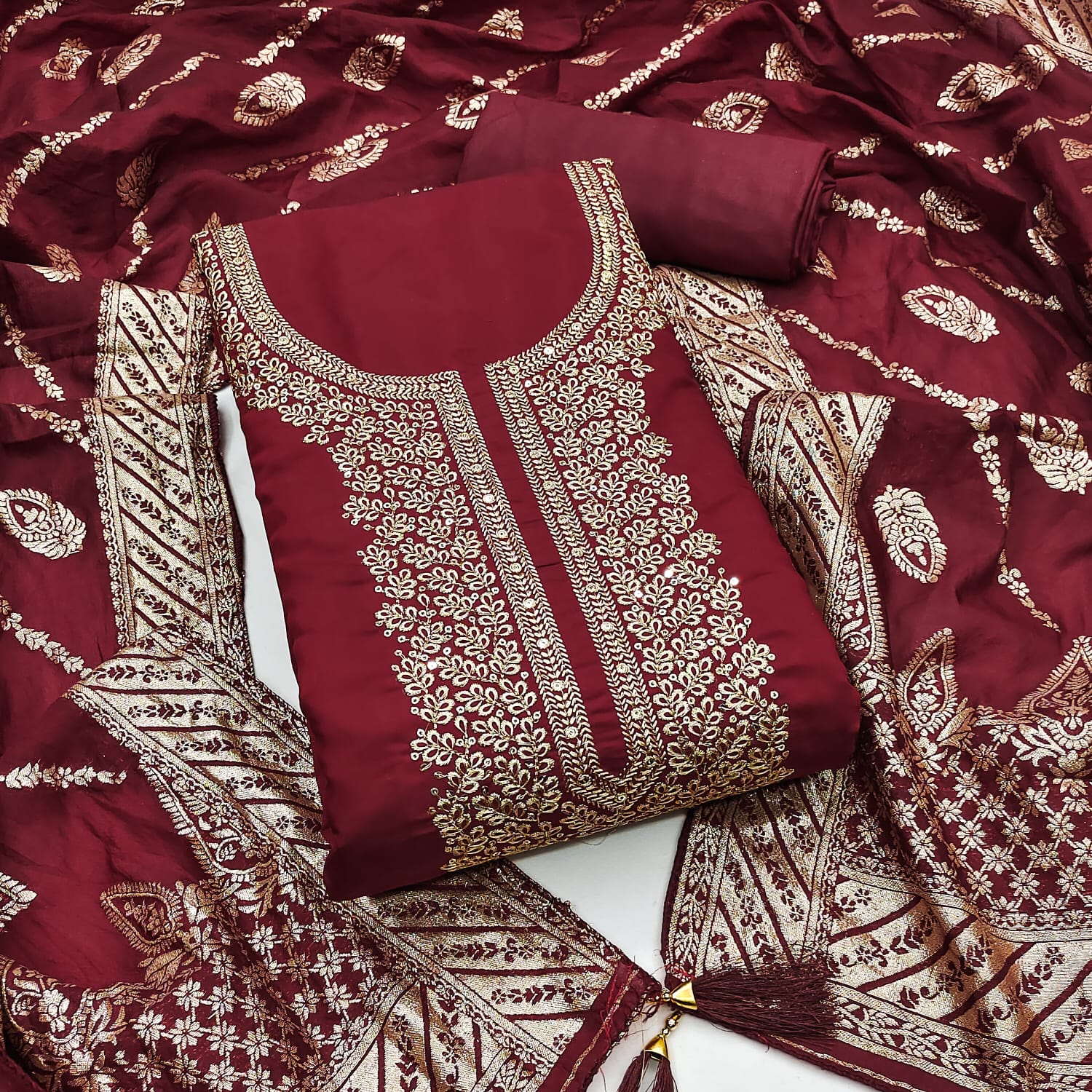 Traditional Wedding Wear Indian Roman Silk Designer Top Bottom & Dupatta