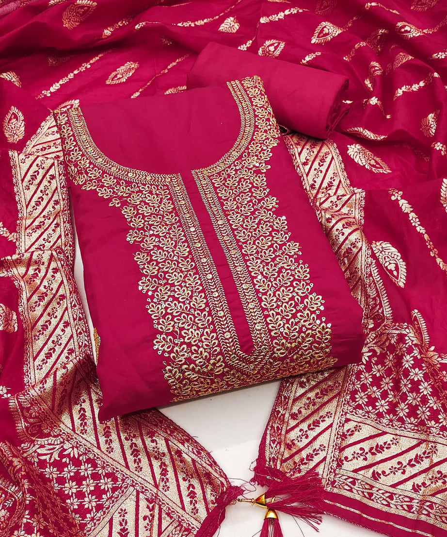 Traditional Wedding Wear Indian Roman Silk Designer Top Bottom & Dupatta