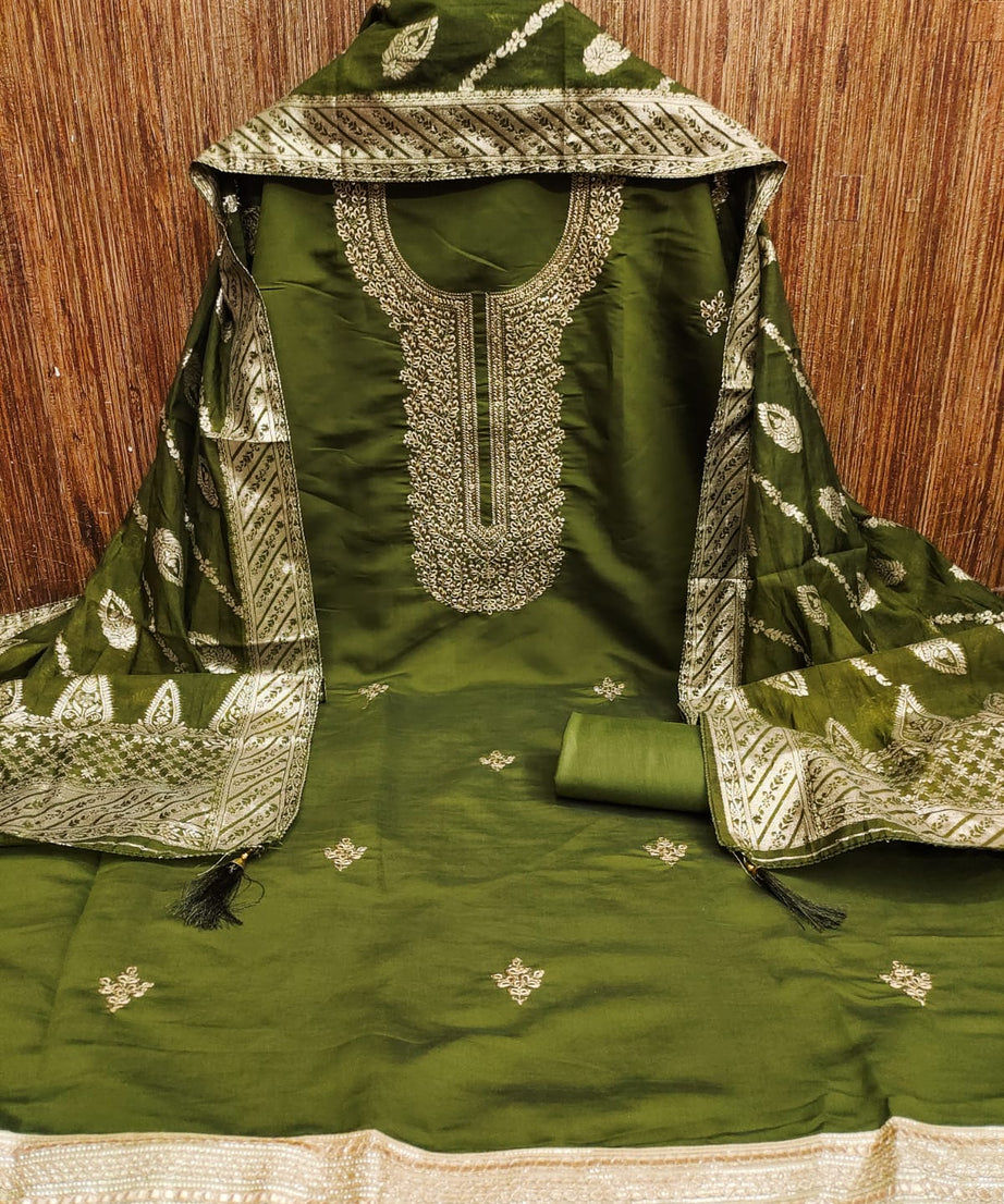 Traditional Wedding Wear Indian Roman Silk Designer Top Bottom & Dupatta