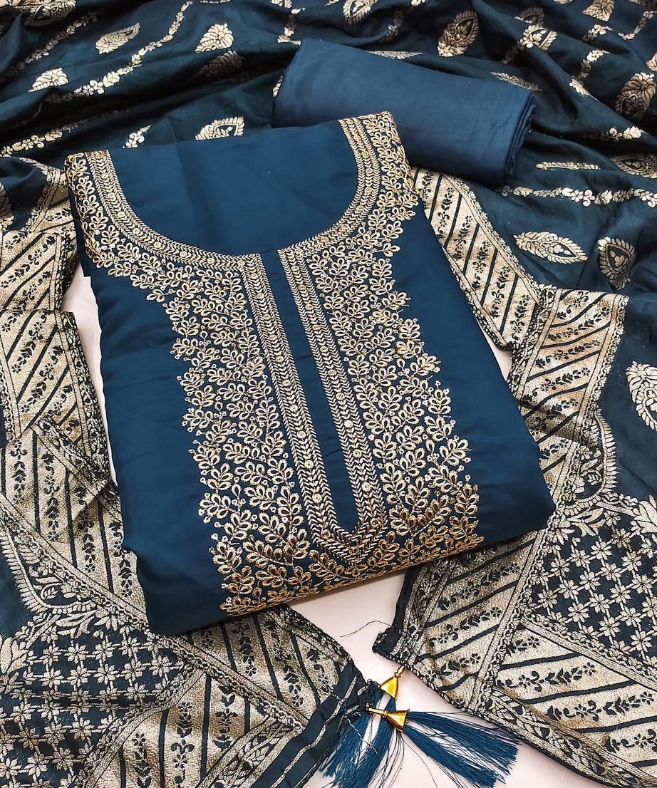 Traditional Wedding Wear Indian Roman Silk Designer Top Bottom & Dupatta