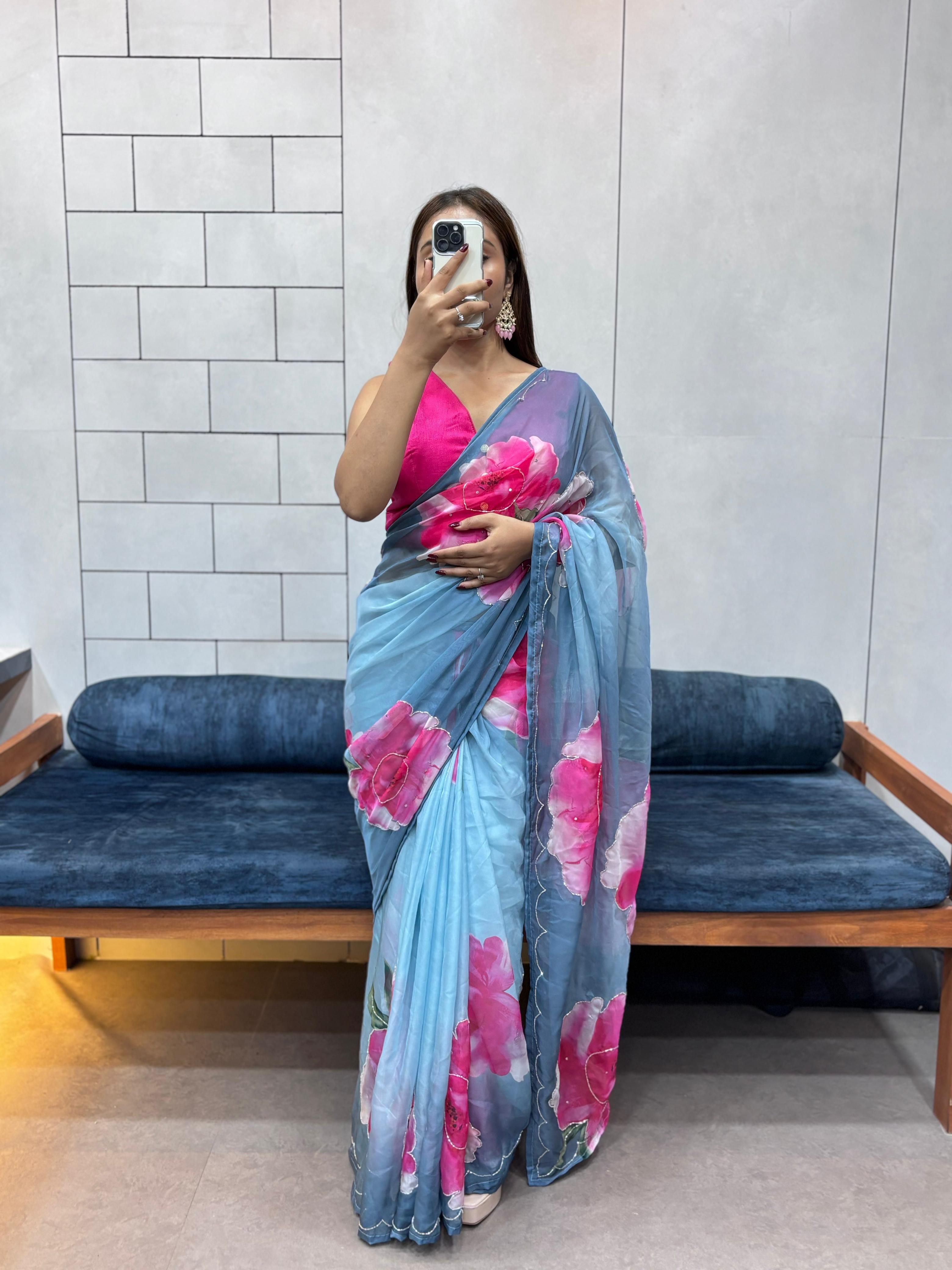 Rich And Cool Flower Print Soft Tabi Organza Shaded Sari With Blouse