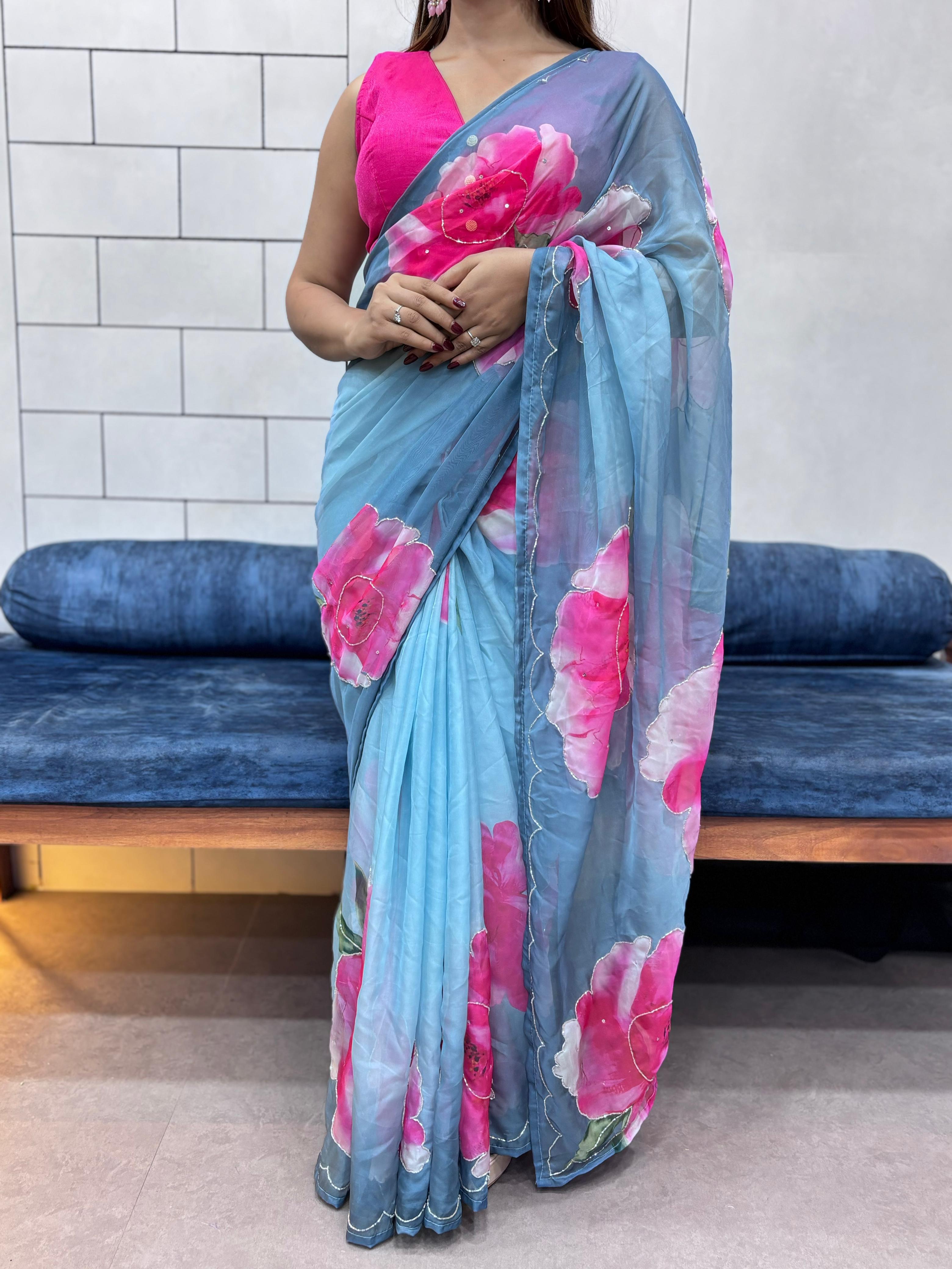 Rich And Cool Flower Print Soft Tabi Organza Shaded Sari With Blouse