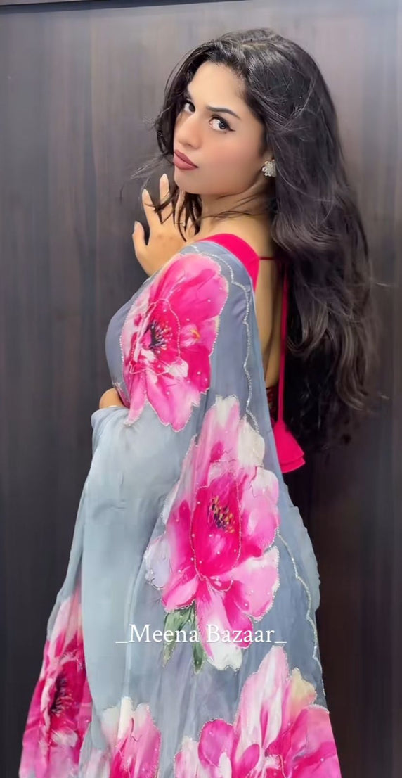 Rich And Cool Flower Print Soft Tabi Organza Shaded Sari With Blouse