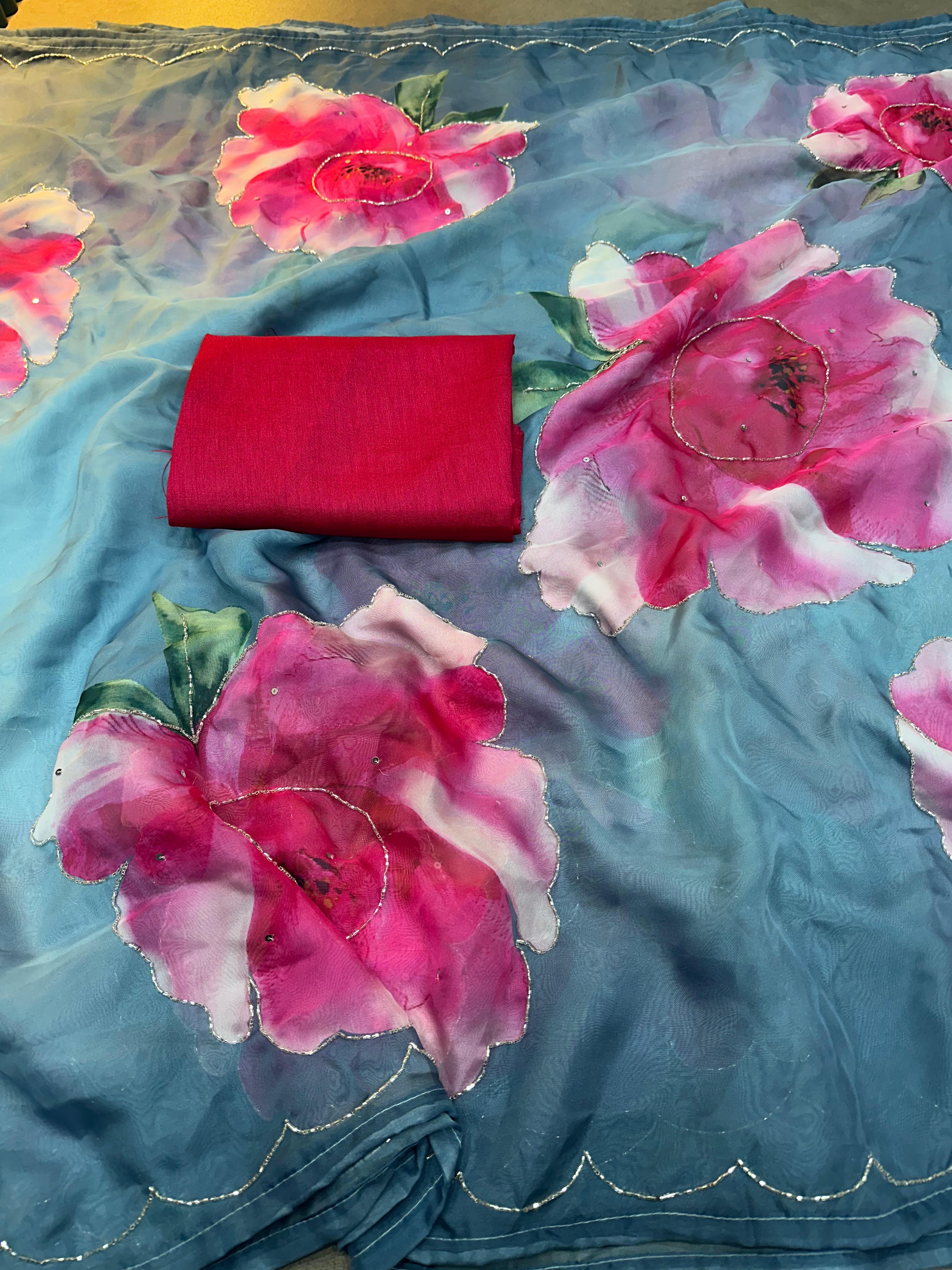 Rich And Cool Flower Print Soft Tabi Organza Shaded Sari With Blouse