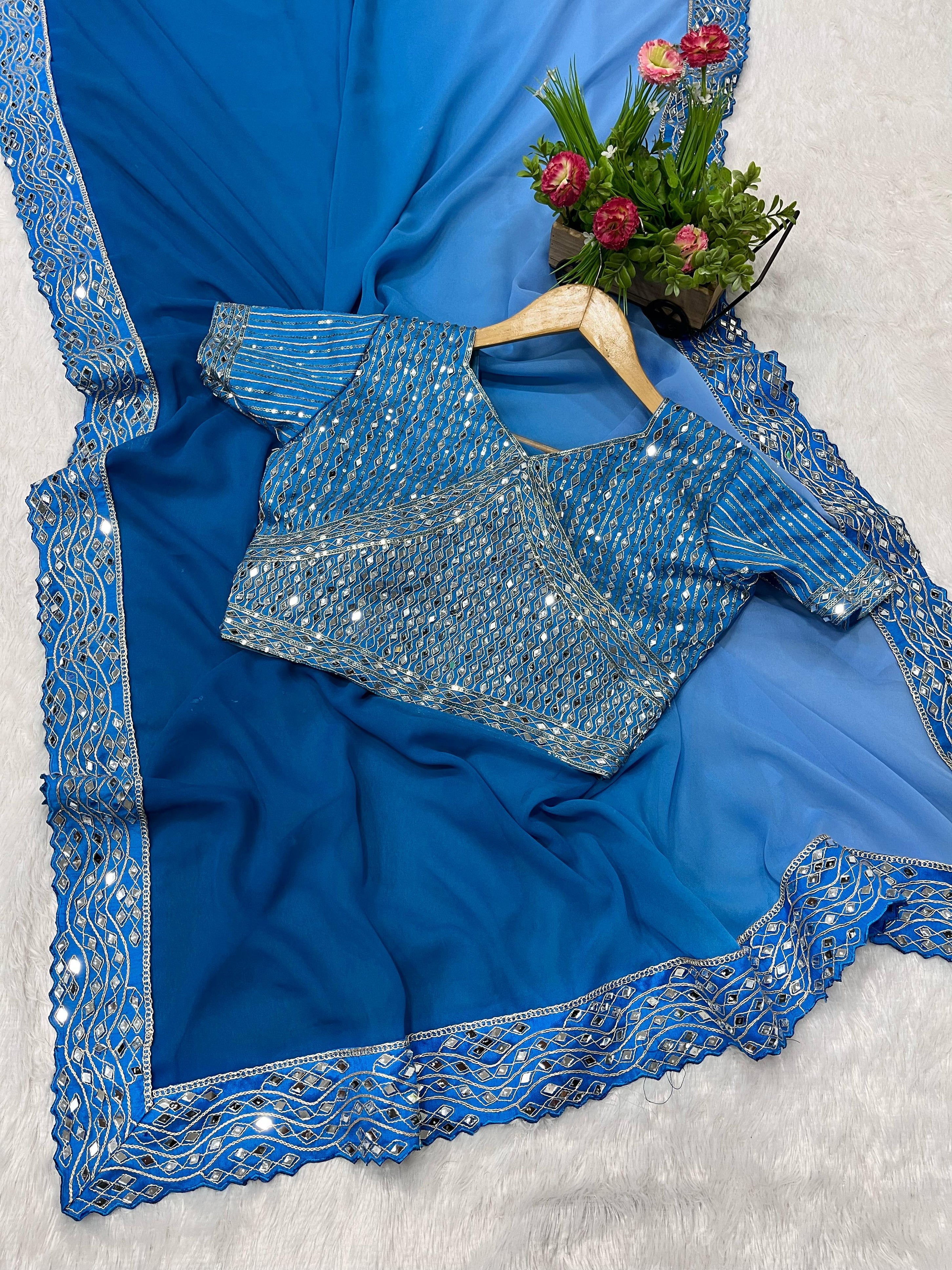 Heavy Faux Georgette Dark to Light Shaded With Designer Embroidered Saree With Blouse