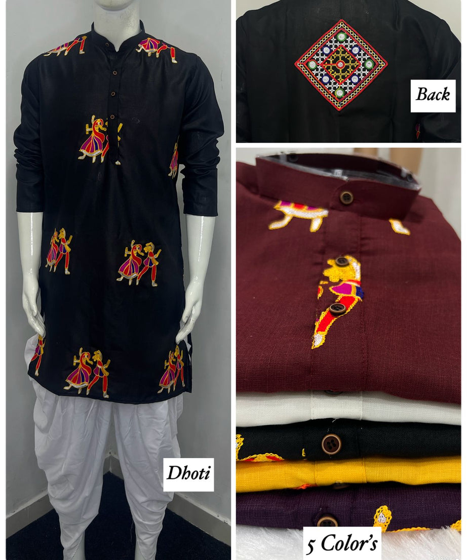 Cotton With Embroidery & Stylish Pattern Kurta With Dhoti For Men's