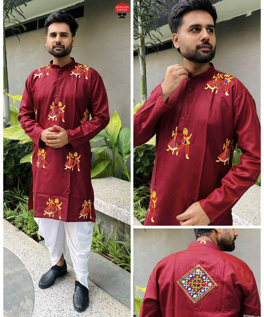Cotton With Embroidery & Stylish Pattern Kurta With Dhoti For Men's