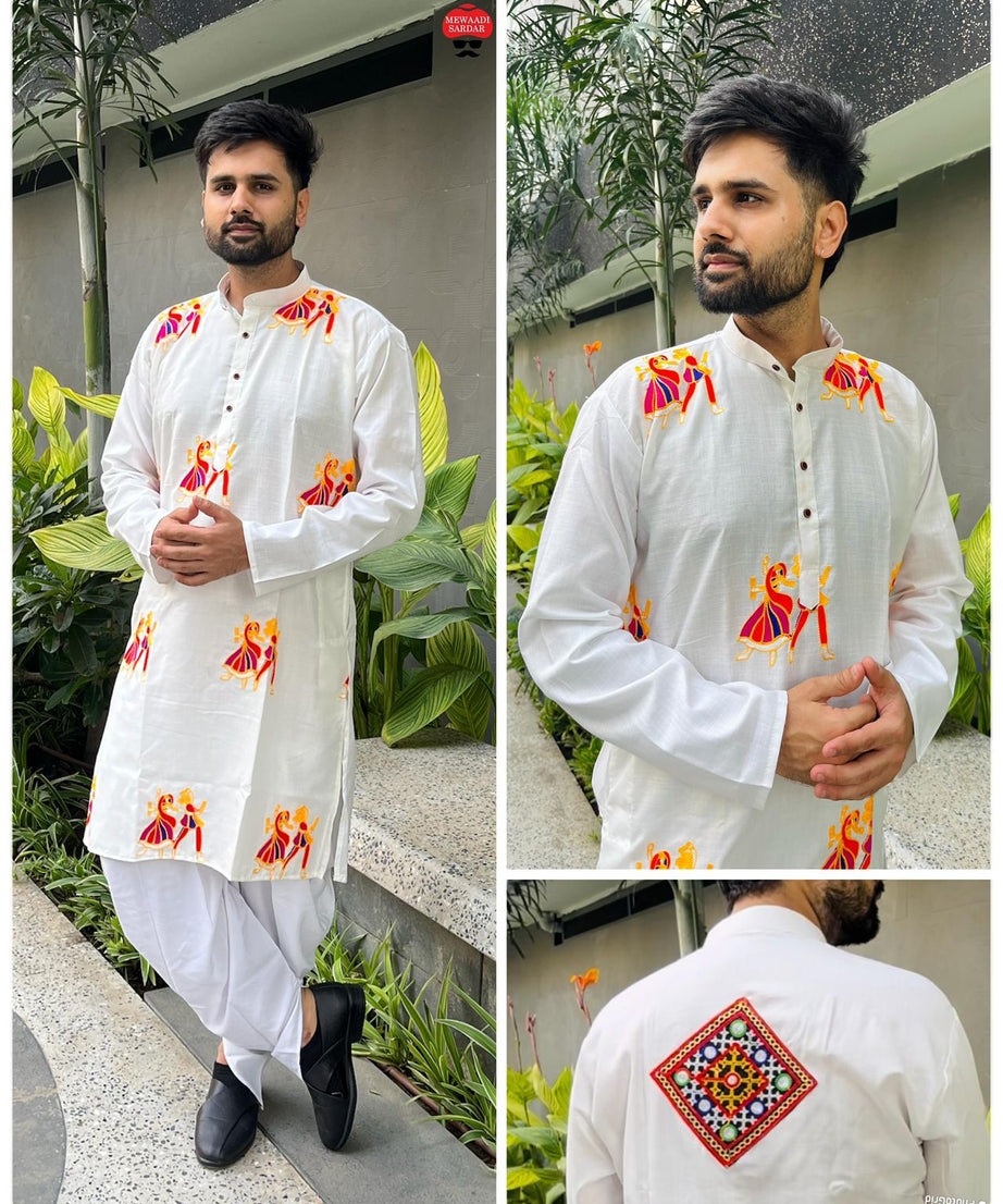 Cotton With Embroidery & Stylish Pattern Kurta With Dhoti For Men's