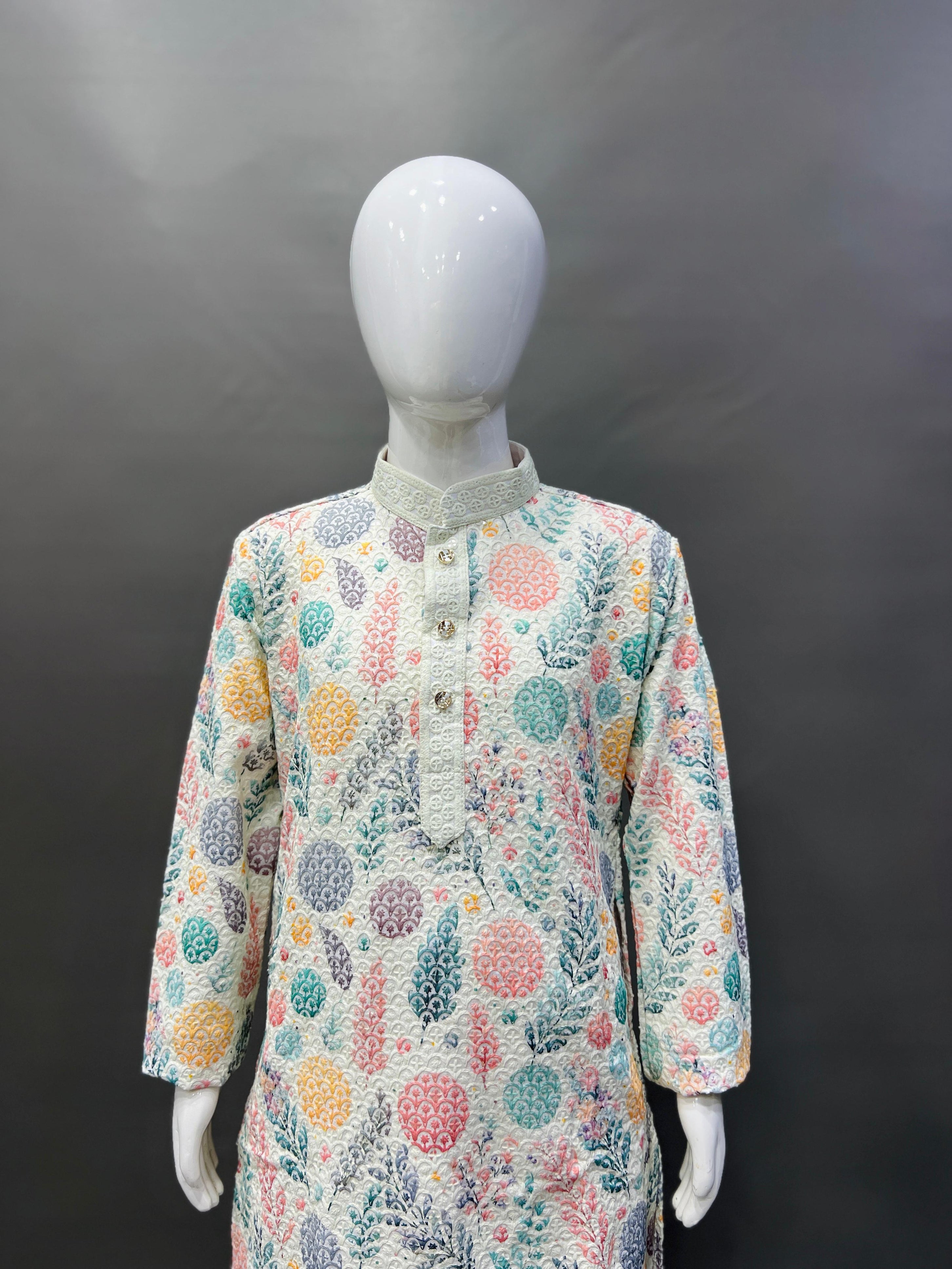 Kid's Full Stitched Heavy Rayon Classic Lucknowi Pattern Kurta With Pajama