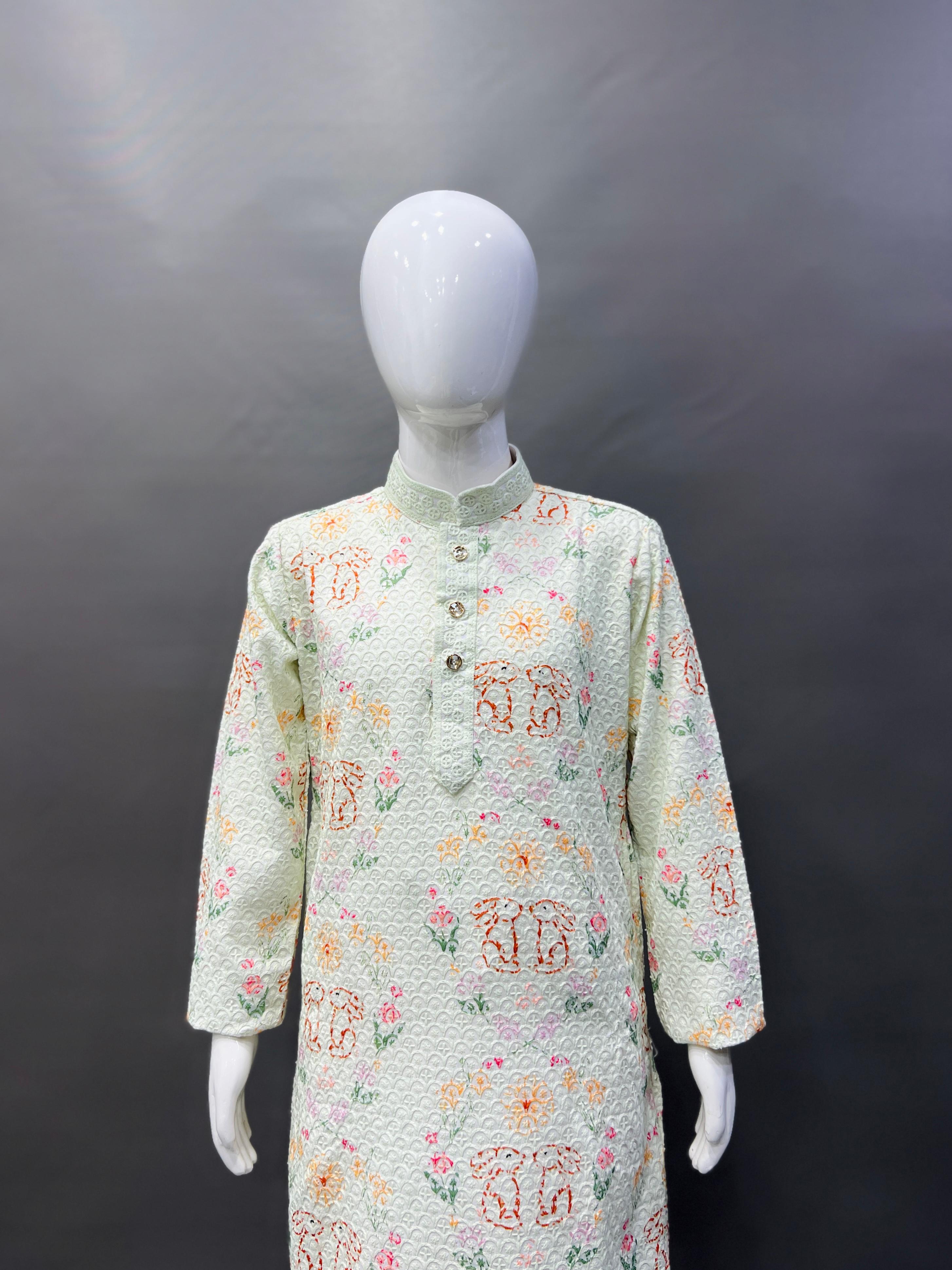 Kid's Full Stitched Heavy Rayon Classic Lucknowi Pattern Kurta With Pajama