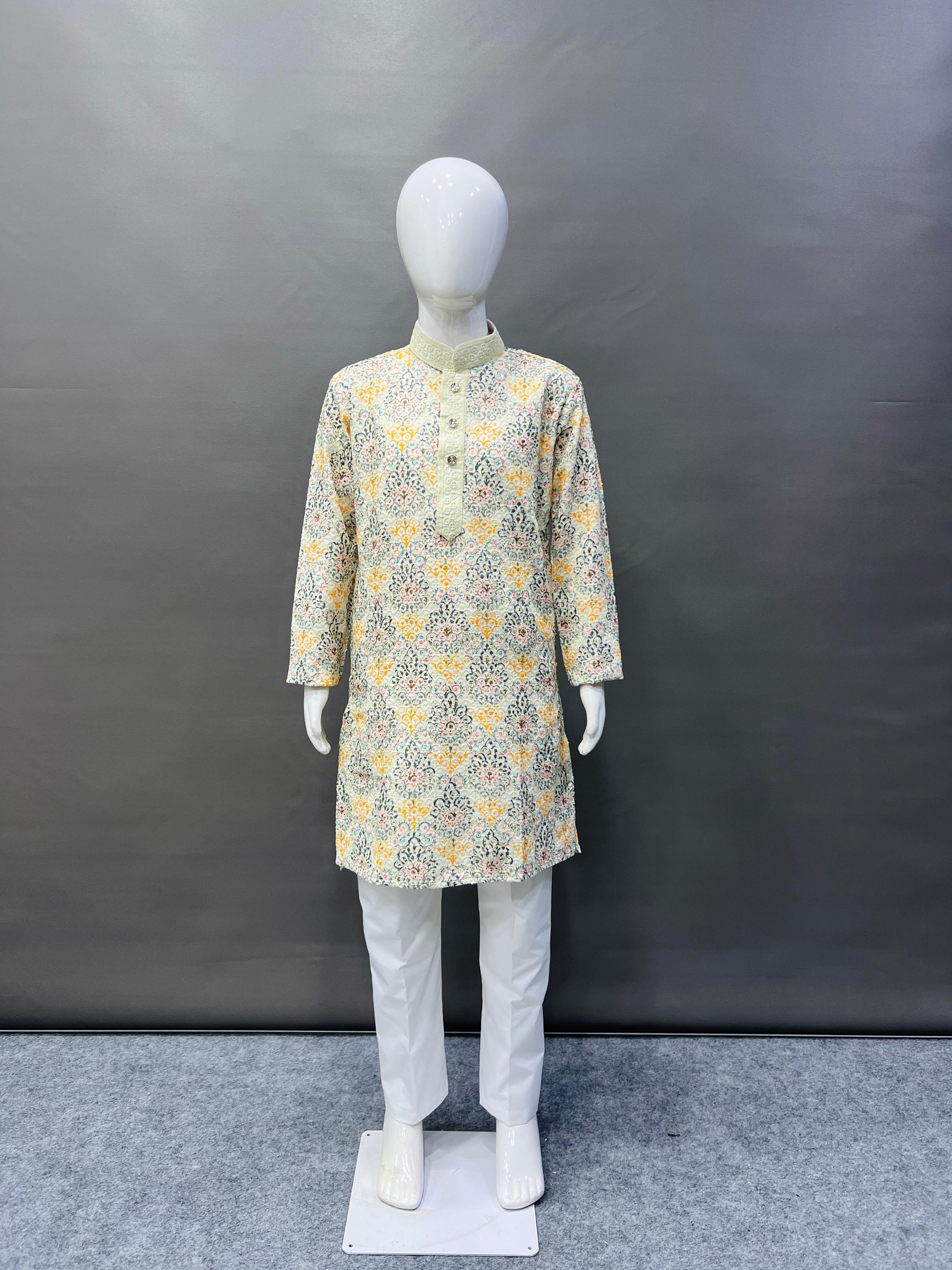 Kid's Full Stitched Heavy Rayon Classic Lucknowi Pattern Kurta With Pajama