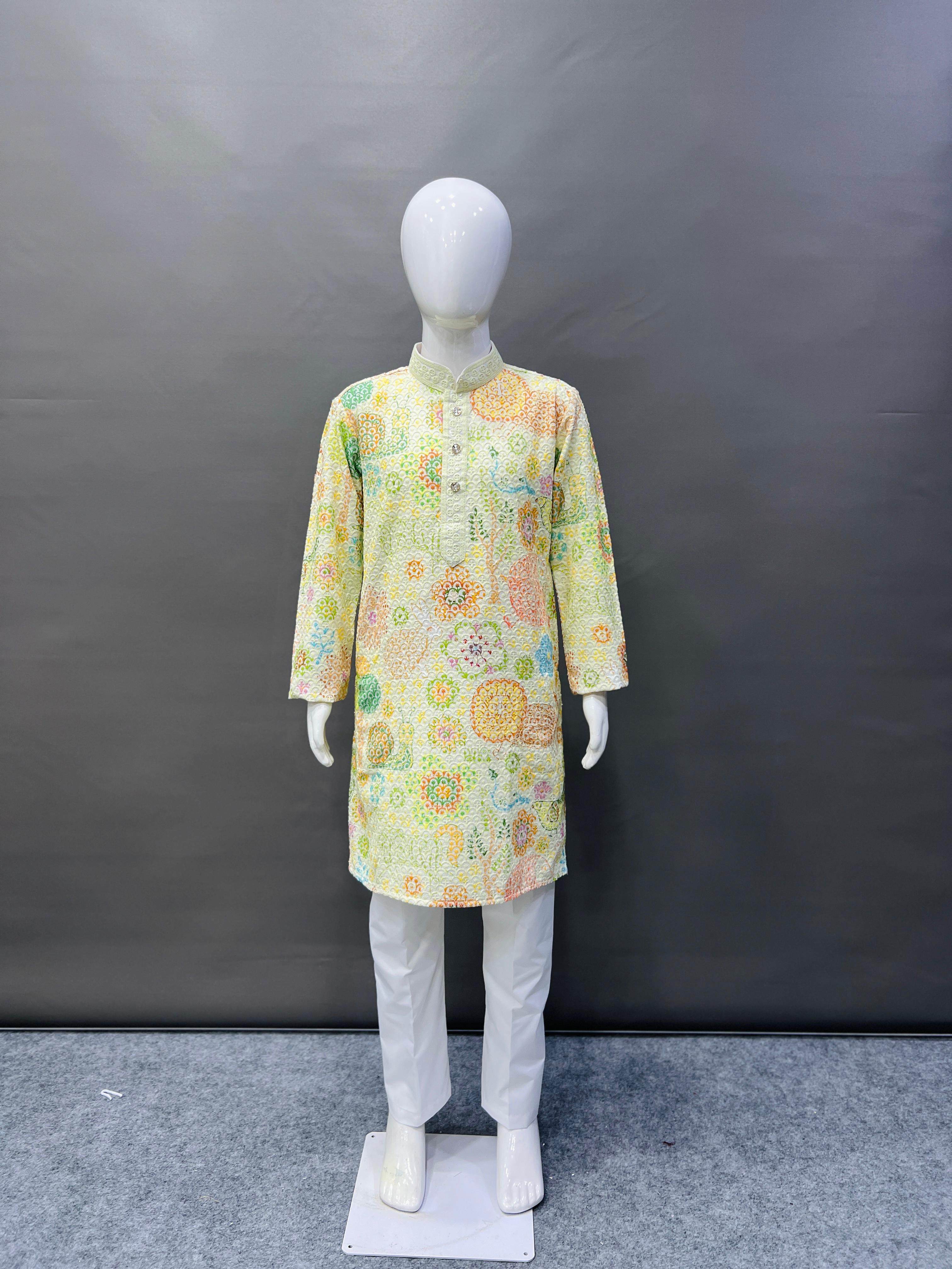 Kid's Full Stitched Heavy Rayon Classic Lucknowi Pattern Kurta With Pajama