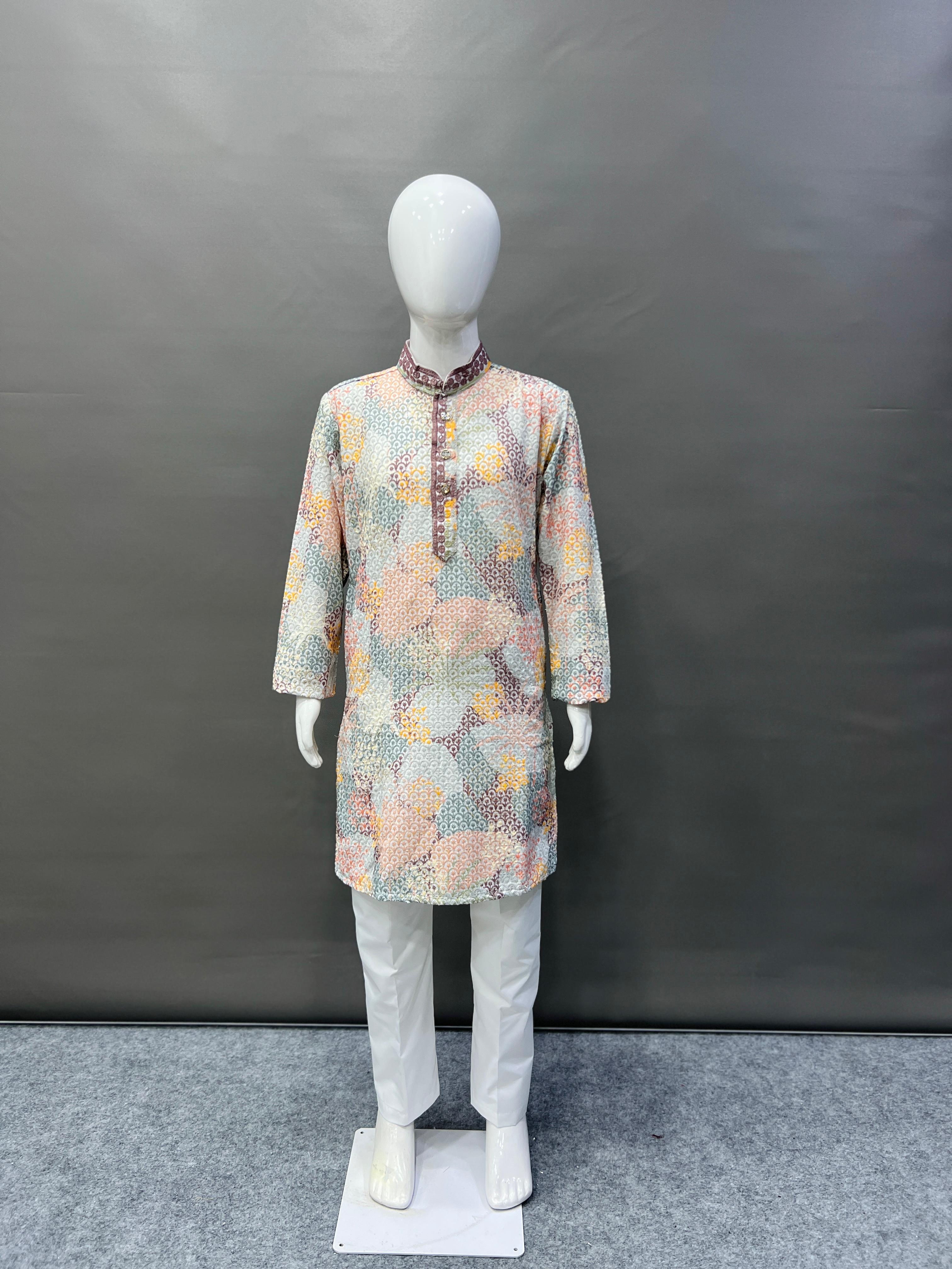 Kid's Full Stitched Heavy Rayon Classic Lucknowi Pattern Kurta With Pajama
