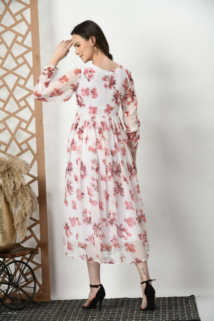 White Beautiful Printed Flared Dress ,Classic And Stylish Top With Dupatta