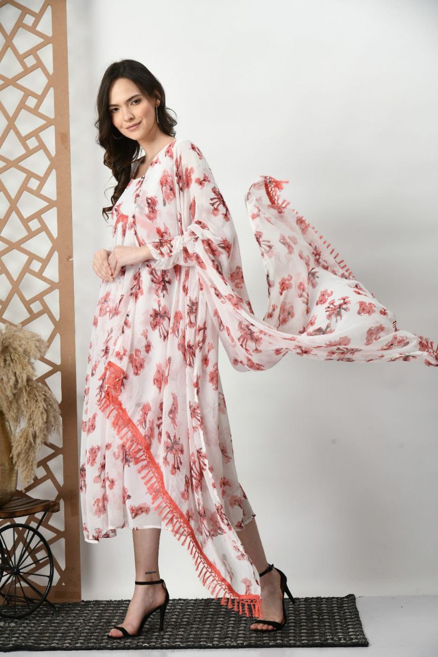 White Beautiful Printed Flared Dress ,Classic And Stylish Top With Dupatta