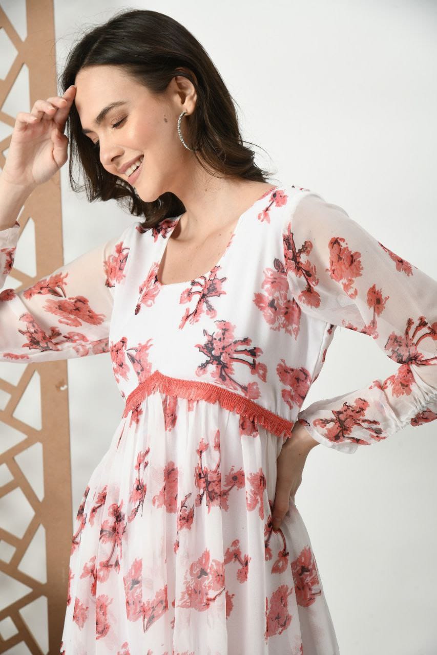 White Beautiful Printed Flared Dress ,Classic And Stylish Top With Dupatta