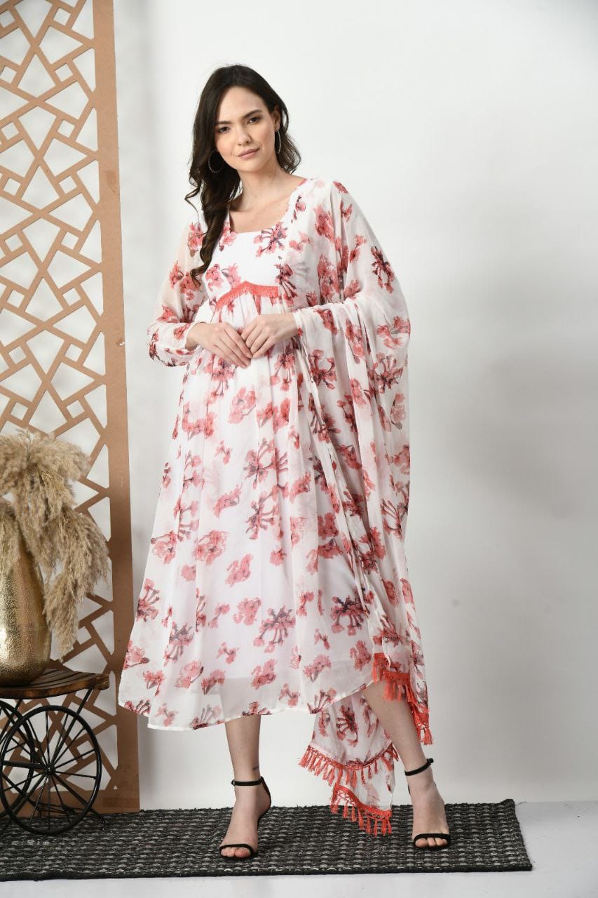 White Beautiful Printed Flared Dress ,Classic And Stylish Top With Dupatta