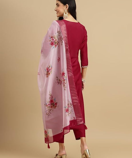 Roman Silk Traditional Maroon Embroidered Wedding Wear Top Bottom& Dupatta