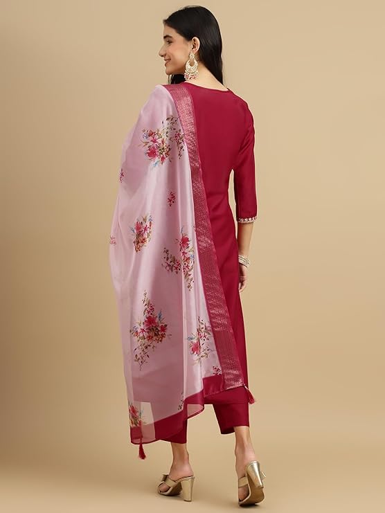 Roman Silk Traditional Maroon Embroidered Wedding Wear Top Bottom& Dupatta