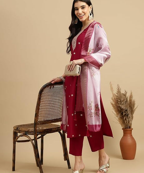 Roman Silk Traditional Maroon Embroidered Wedding Wear Top Bottom& Dupatta