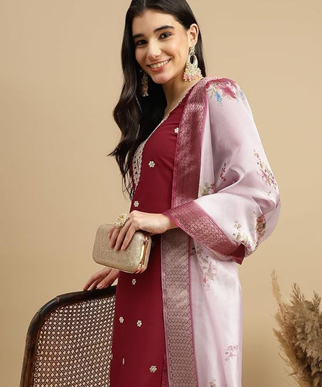 Roman Silk Traditional Maroon Embroidered Wedding Wear Top Bottom& Dupatta