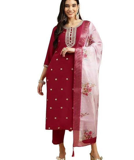 Roman Silk Traditional Maroon Embroidered Wedding Wear Top Bottom& Dupatta