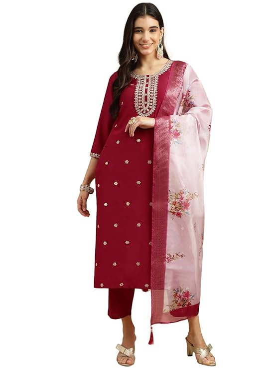 Roman Silk Traditional Maroon Embroidered Wedding Wear Top Bottom& Dupatta