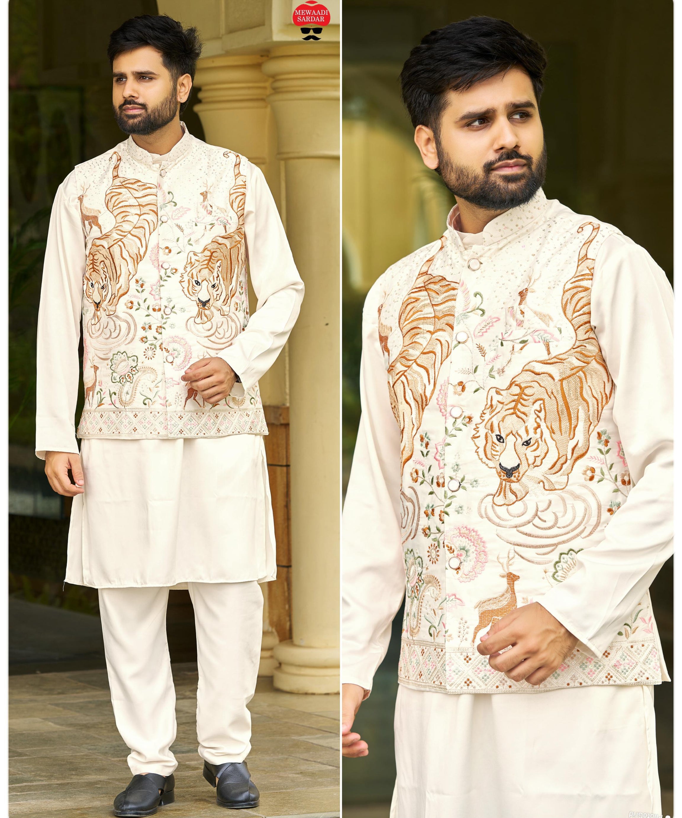 Malai Satin Ready to Wear Kurta Koti Pyjama Set Traditional Men's Kurta
