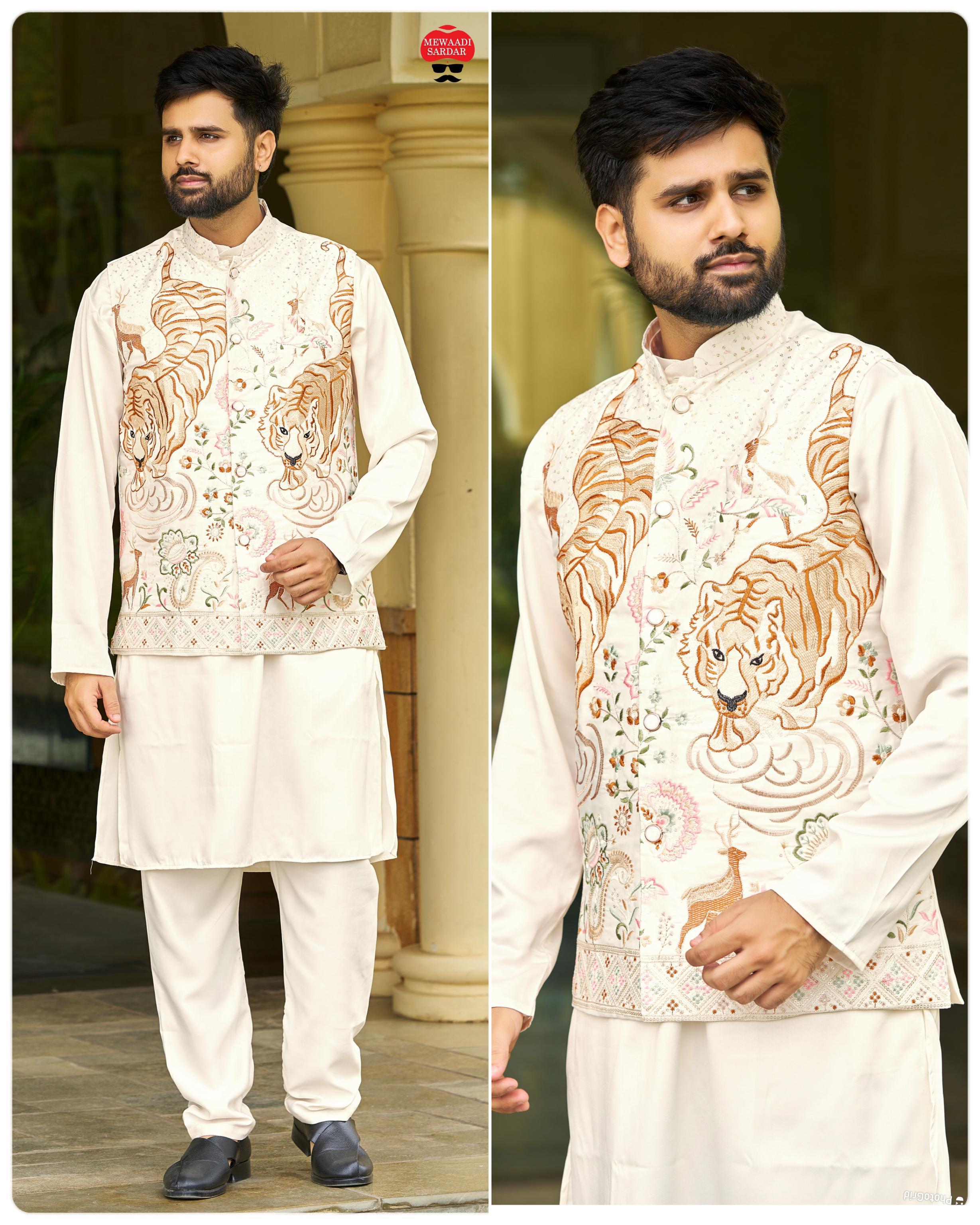 Malai Satin Ready to Wear Kurta Koti Pyjama Set Traditional Men's Kurta