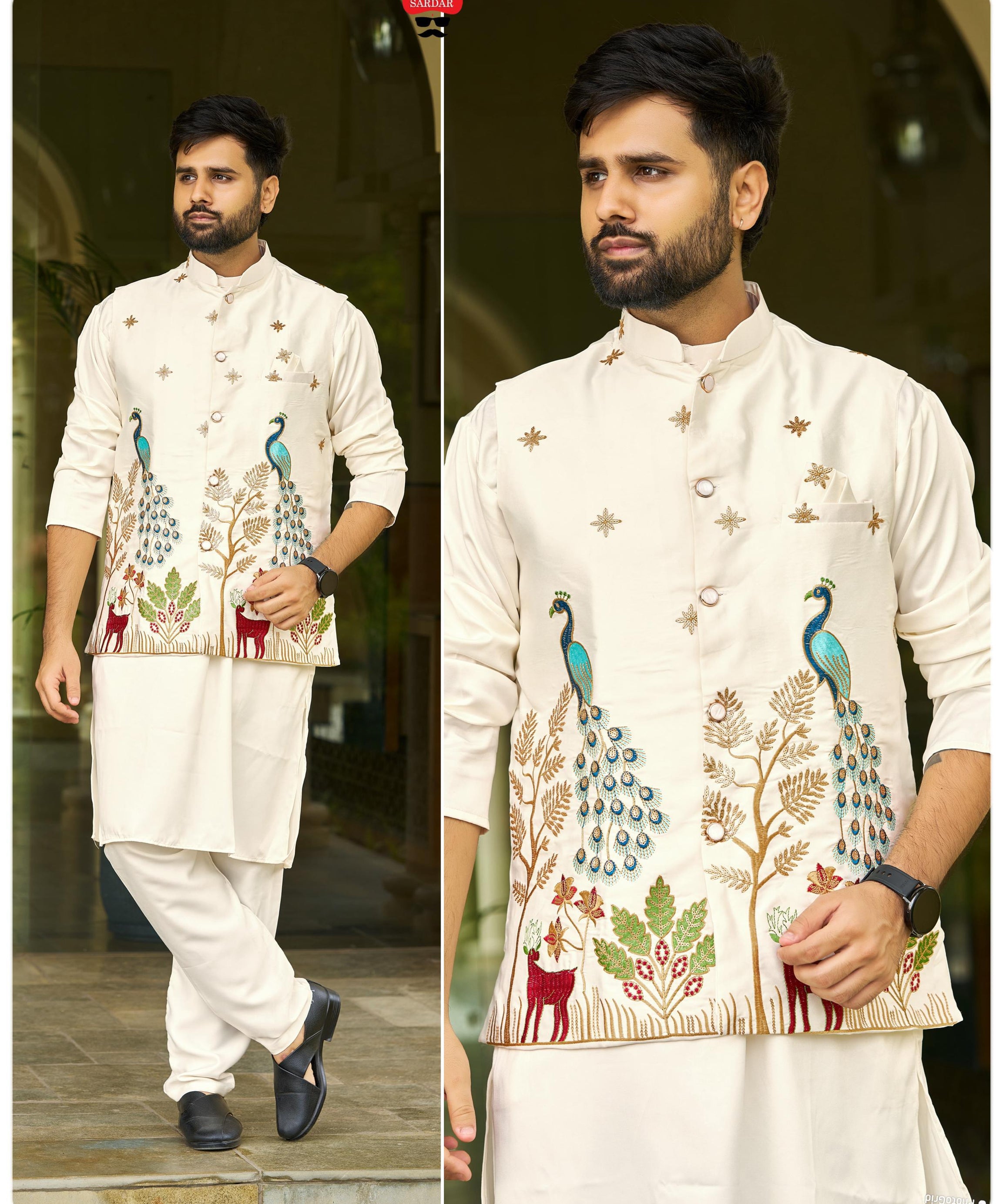 Malai Satin Ready to Wear Kurta Koti Pyjama Set Traditional Men's Kurta