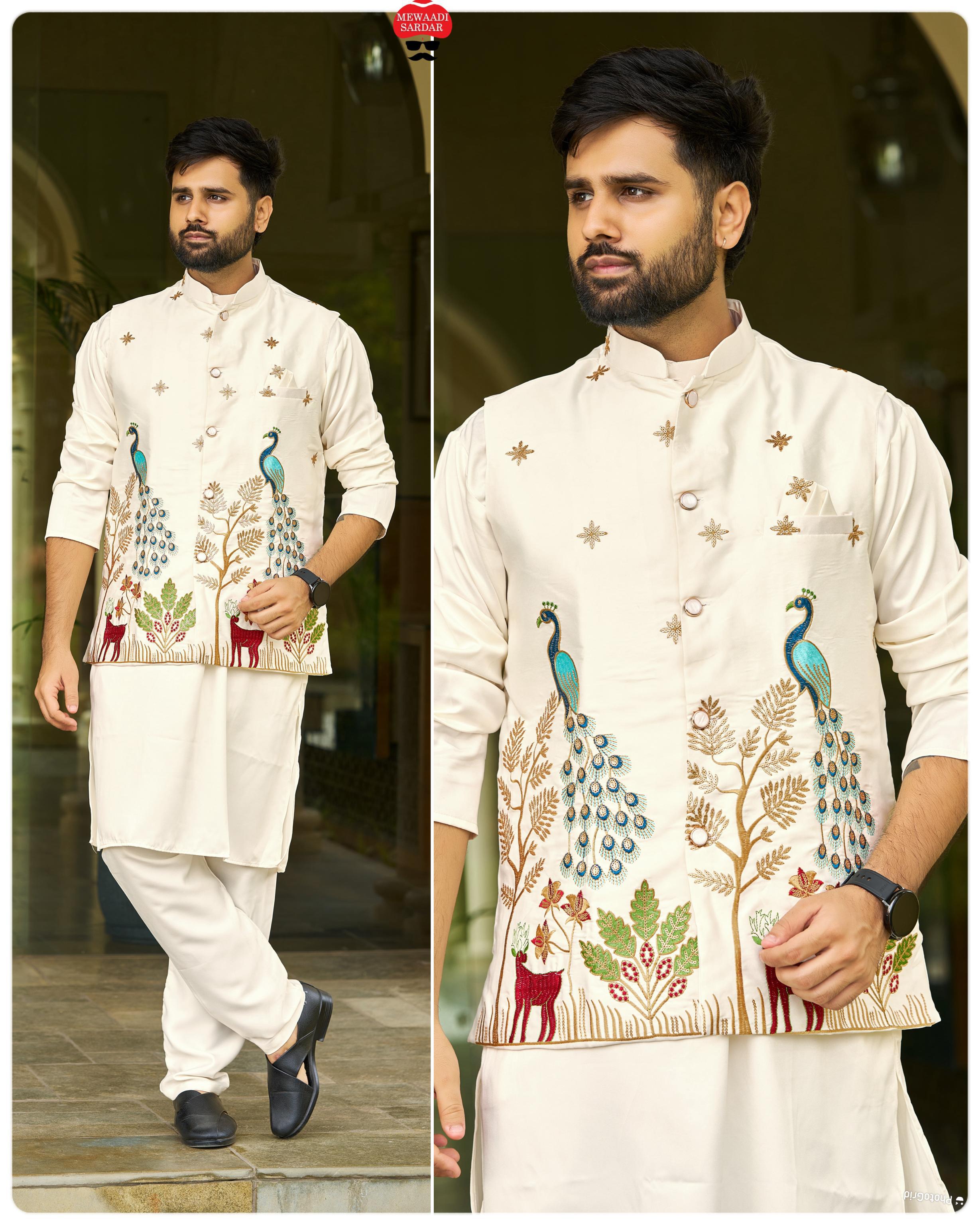 Malai Satin Ready to Wear Kurta Koti Pyjama Set Traditional Men's Kurta