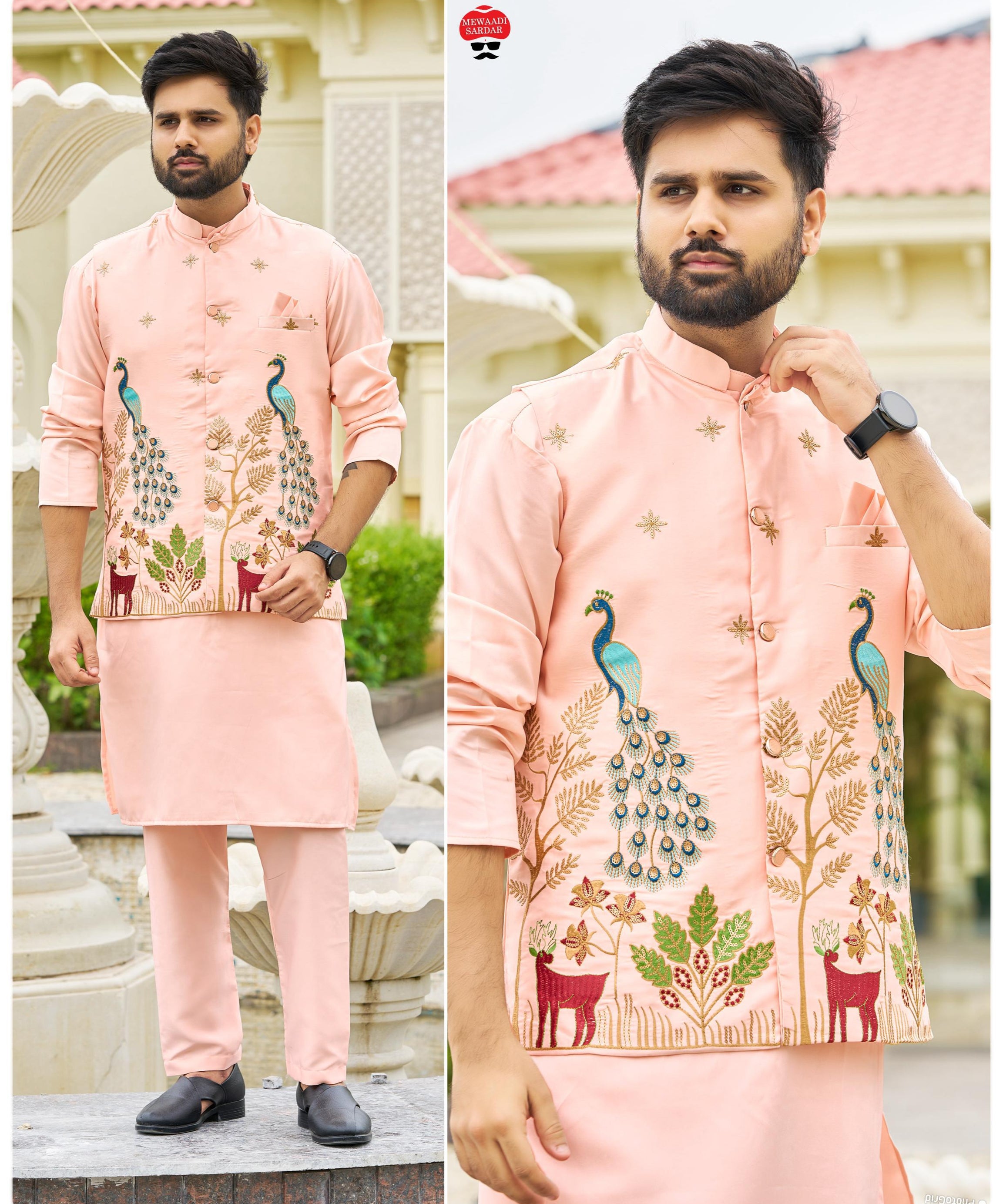Malai Satin Ready to Wear Kurta Koti Pyjama Set Traditional Men's Kurta