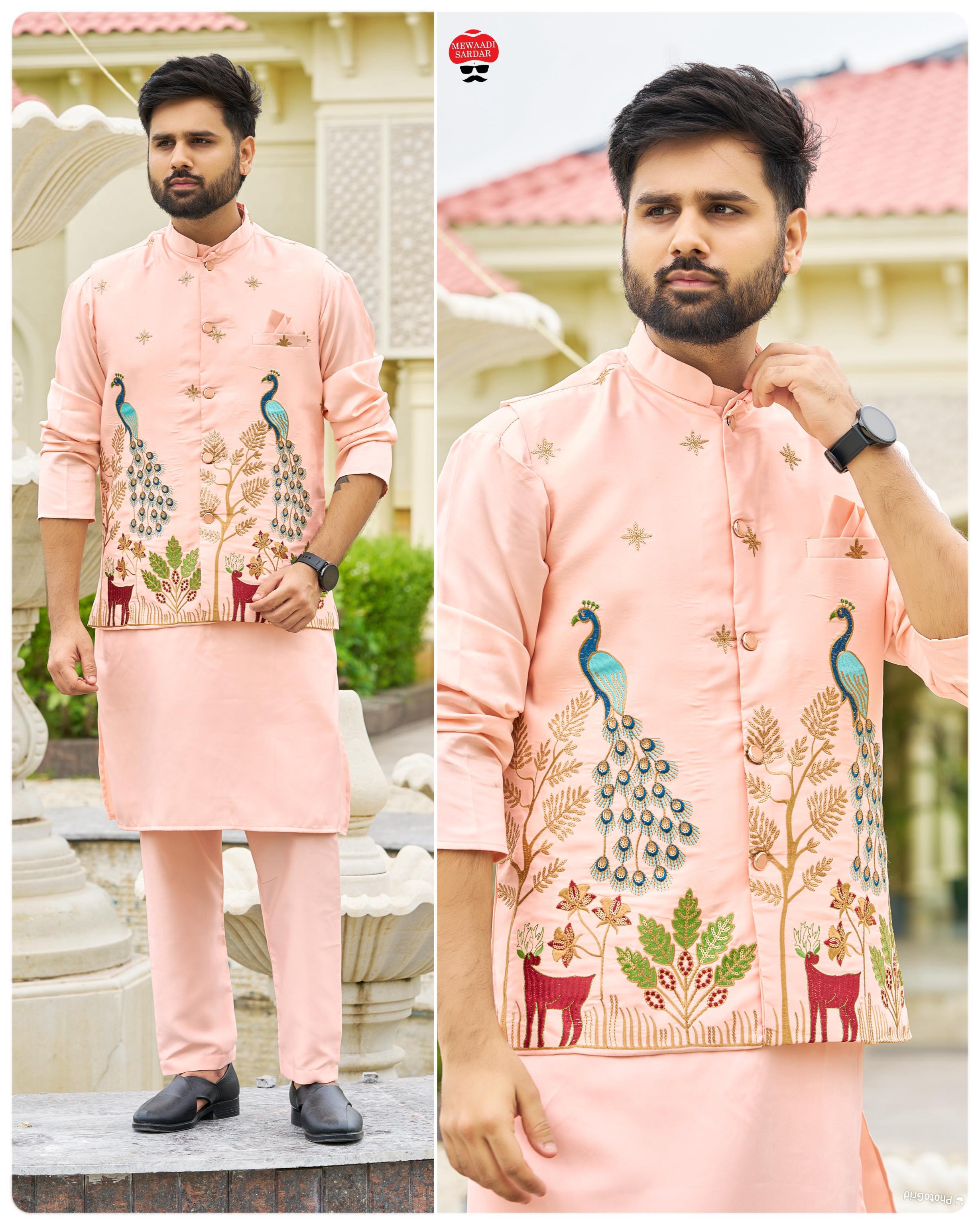 Malai Satin Ready to Wear Kurta Koti Pyjama Set Traditional Men's Kurta