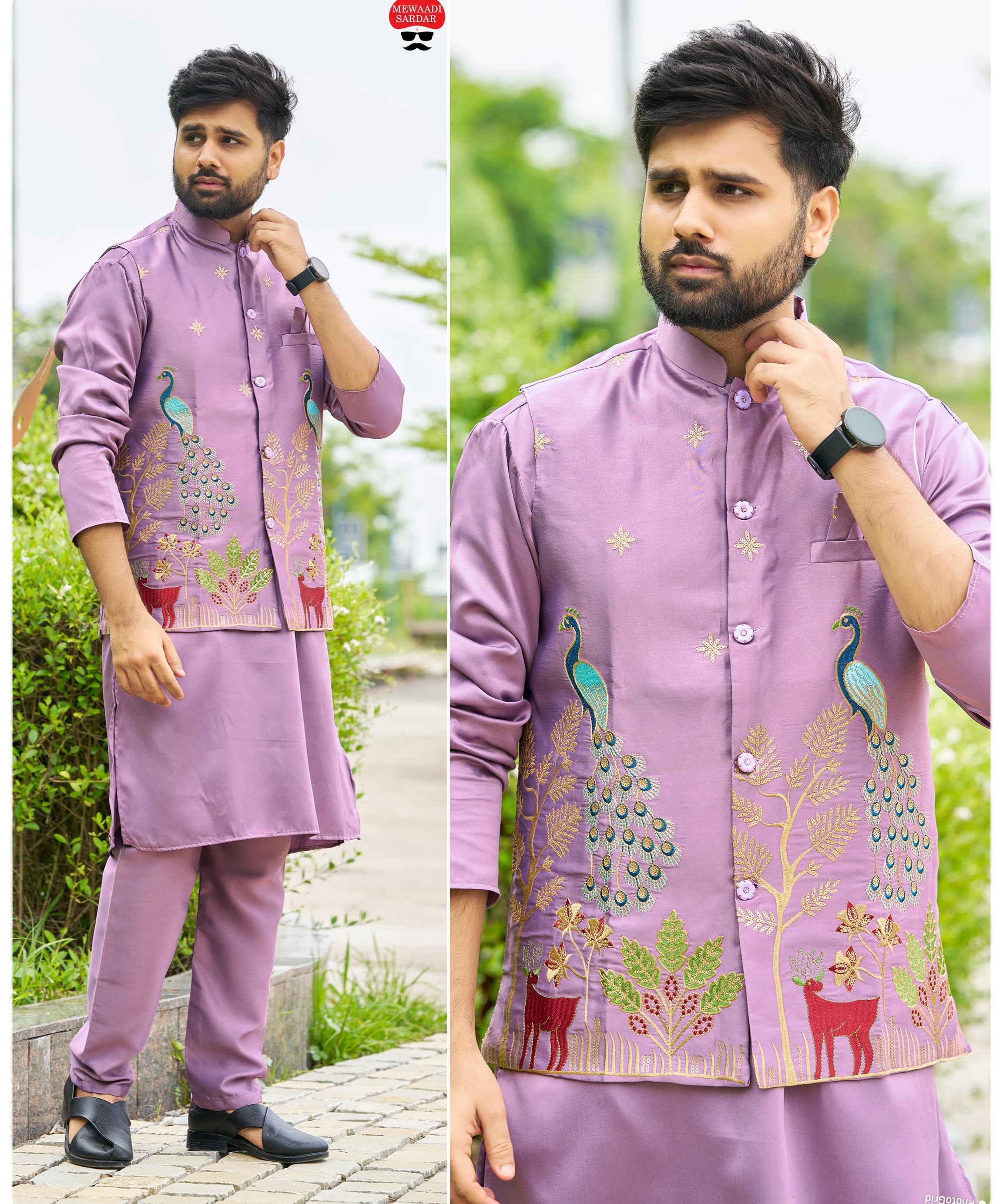 Malai Satin Ready to Wear Kurta Koti Pyjama Set Traditional Men's Kurta