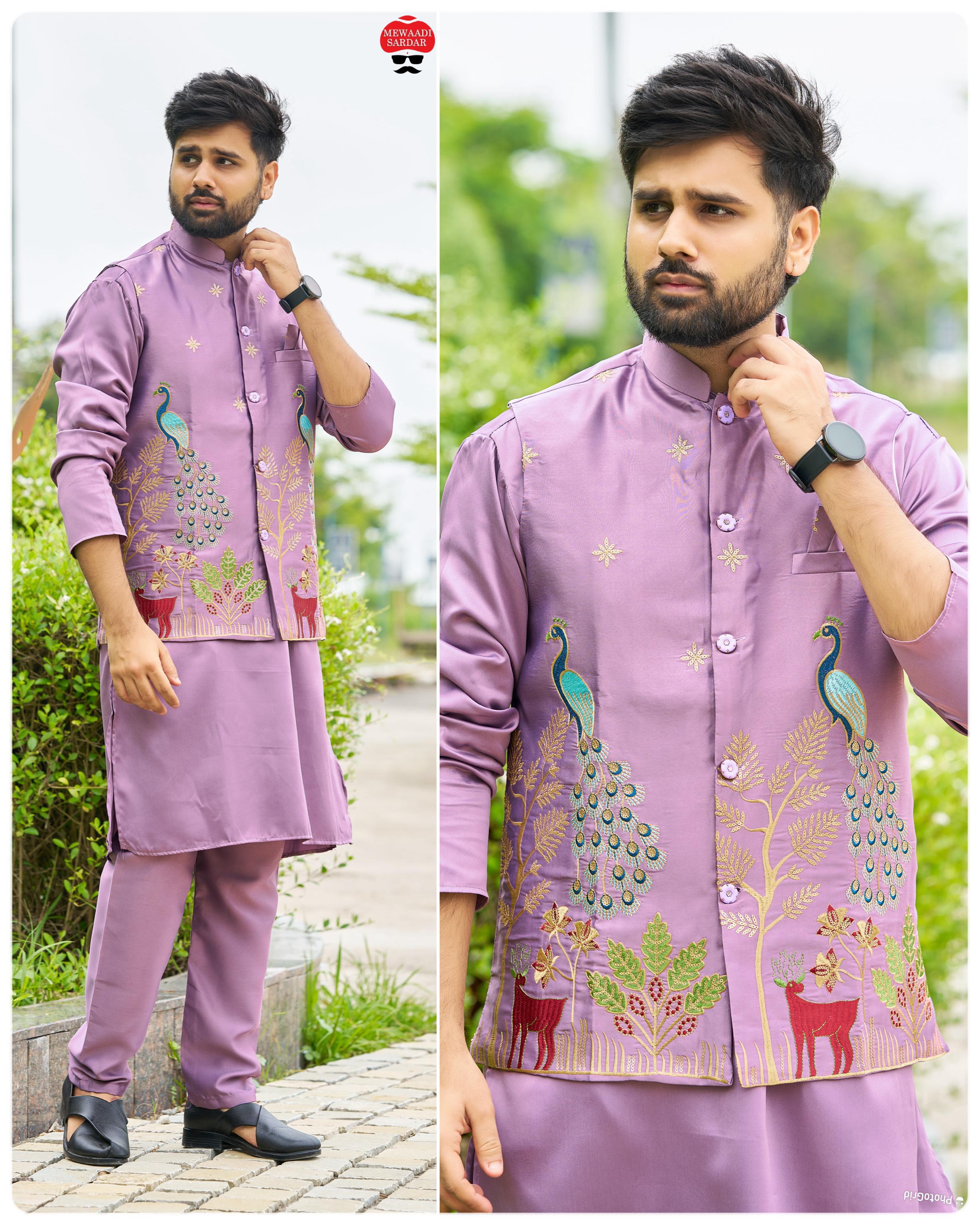 Malai Satin Ready to Wear Kurta Koti Pyjama Set Traditional Men's Kurta