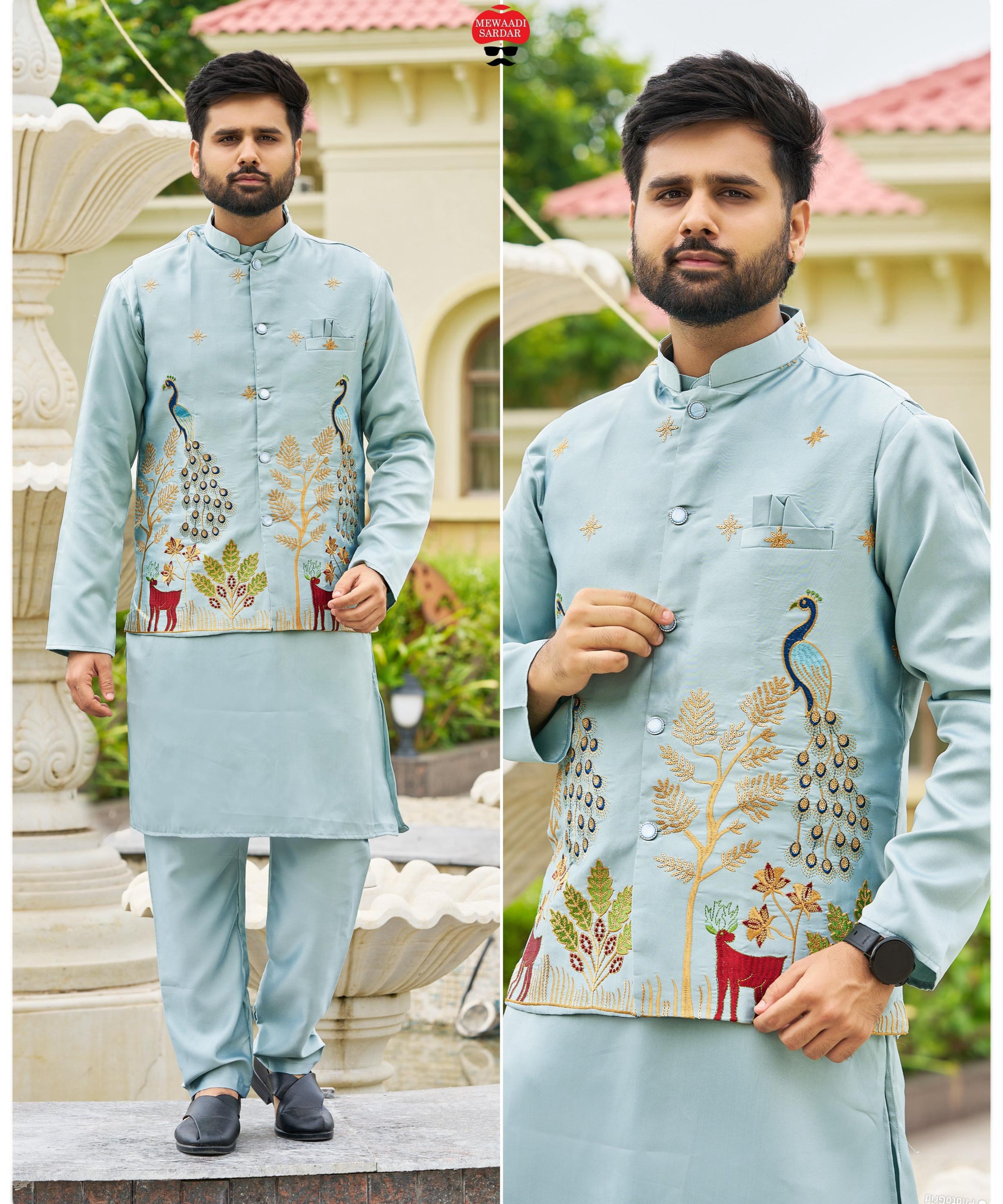 Malai Satin Ready to Wear Kurta Koti Pyjama Set Traditional Men's Kurta