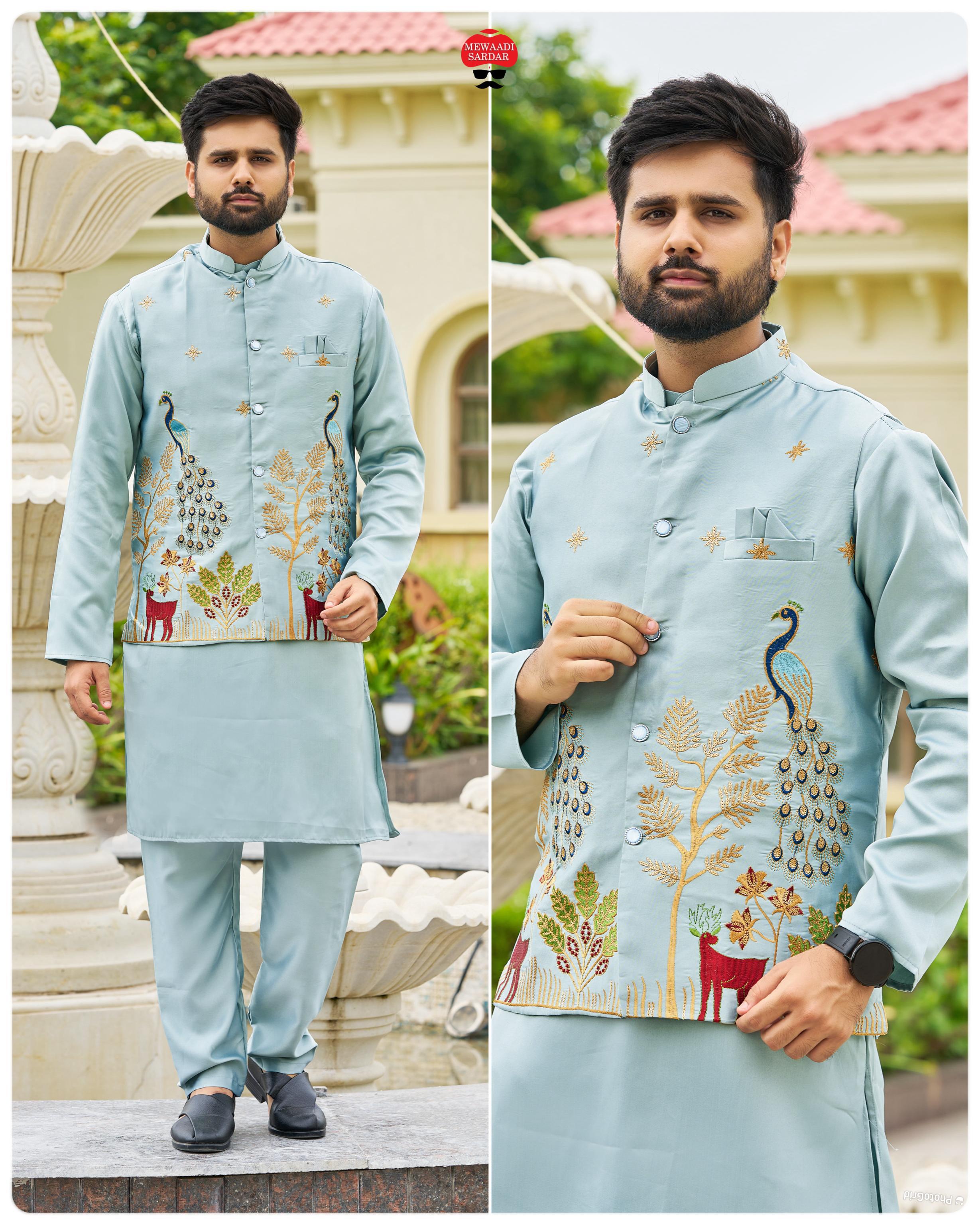 Malai Satin Ready to Wear Kurta Koti Pyjama Set Traditional Men's Kurta
