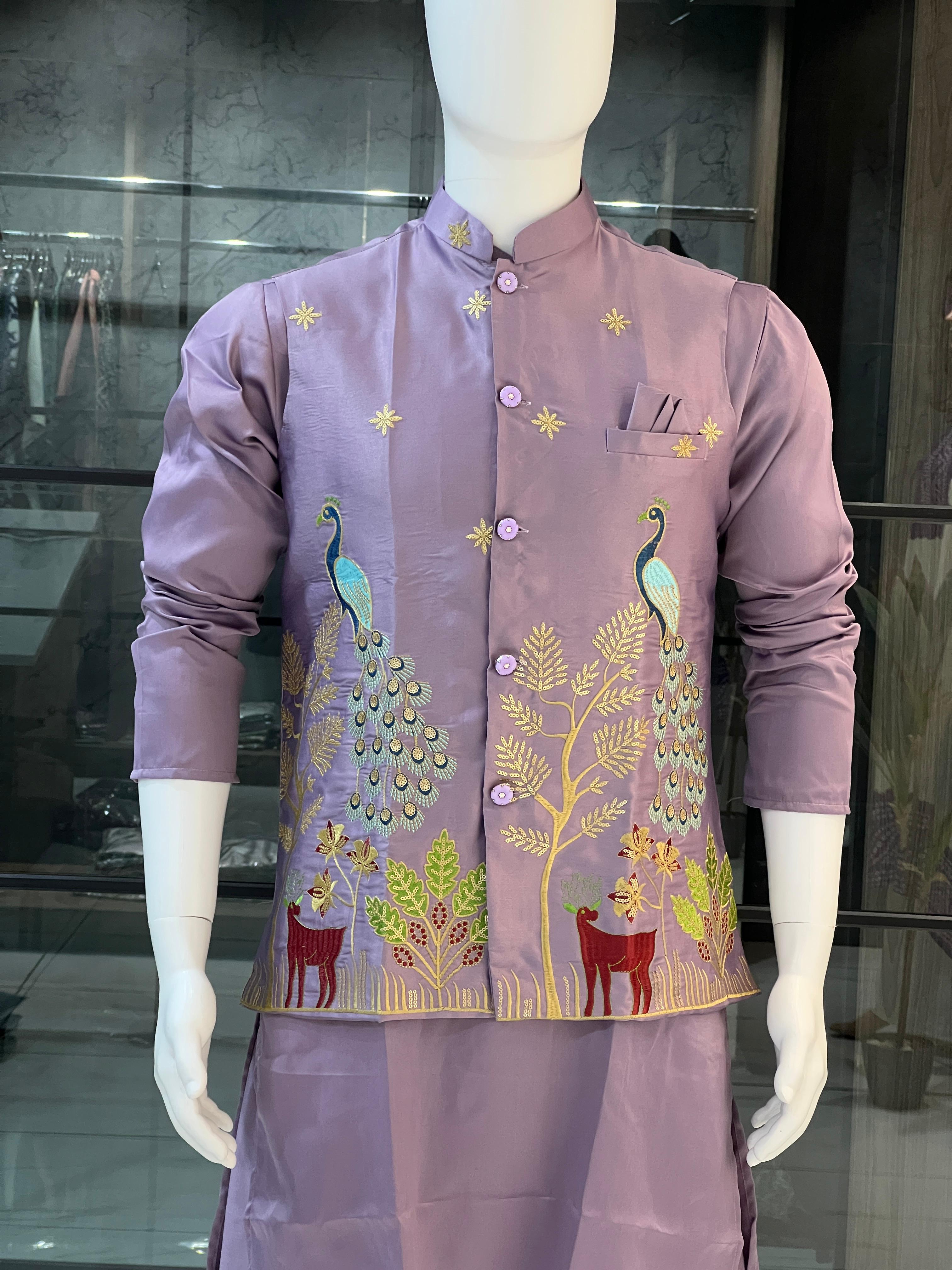 Malai Satin Ready to Wear Kurta Koti Pyjama Set Traditional Men's Kurta