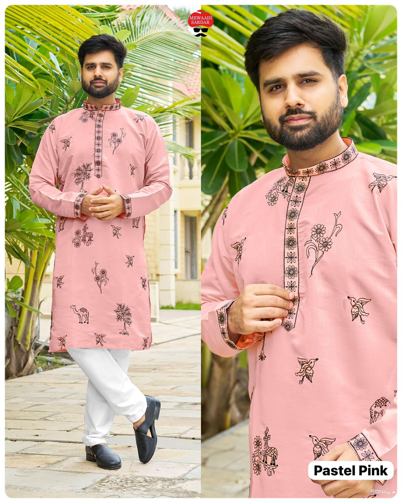 Men's Traditional Roman Silk with Embroidery Work Kurta With Pajama Set