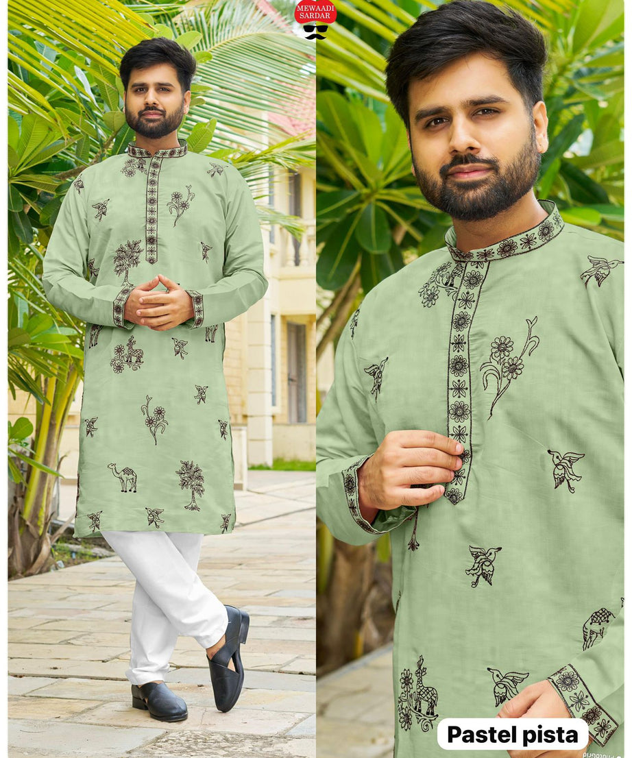 Men's Traditional Roman Silk with Embroidery Work Kurta With Pajama Set