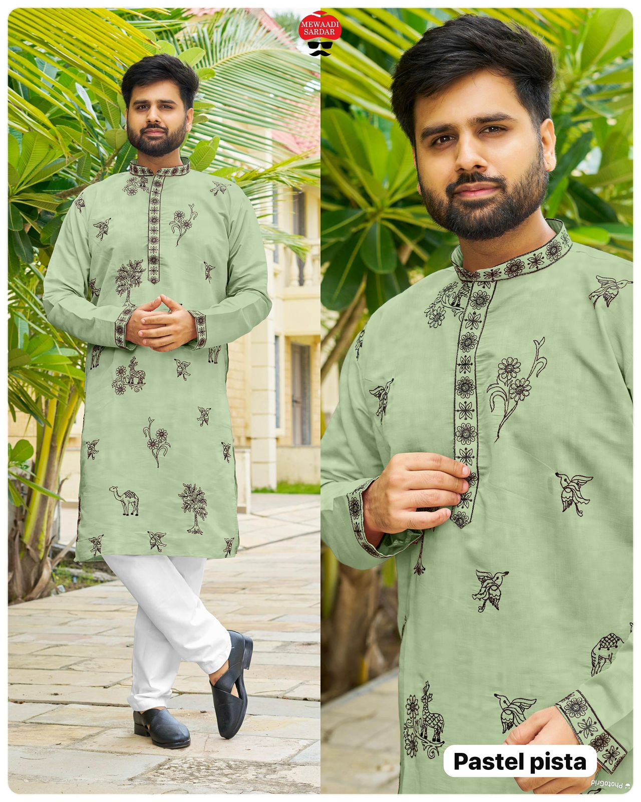 Men's Traditional Roman Silk with Embroidery Work Kurta With Pajama Set