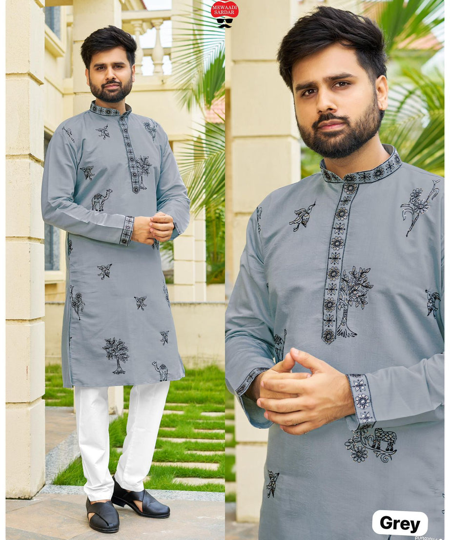 Men's Traditional Roman Silk with Embroidery Work Kurta With Pajama Set