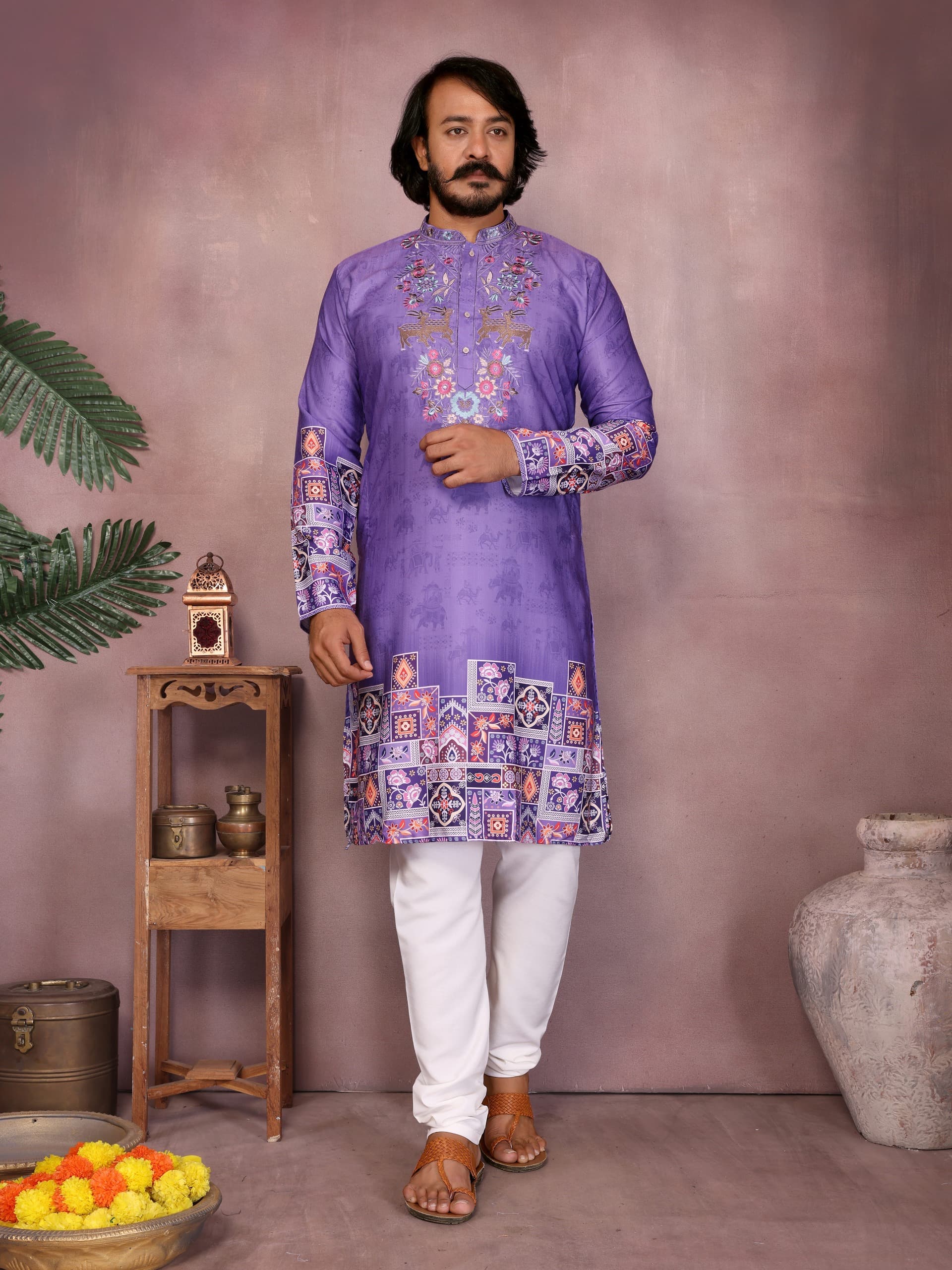 Heavy Khadi Cotton Printed Design Kurta Pajama Set For Men's