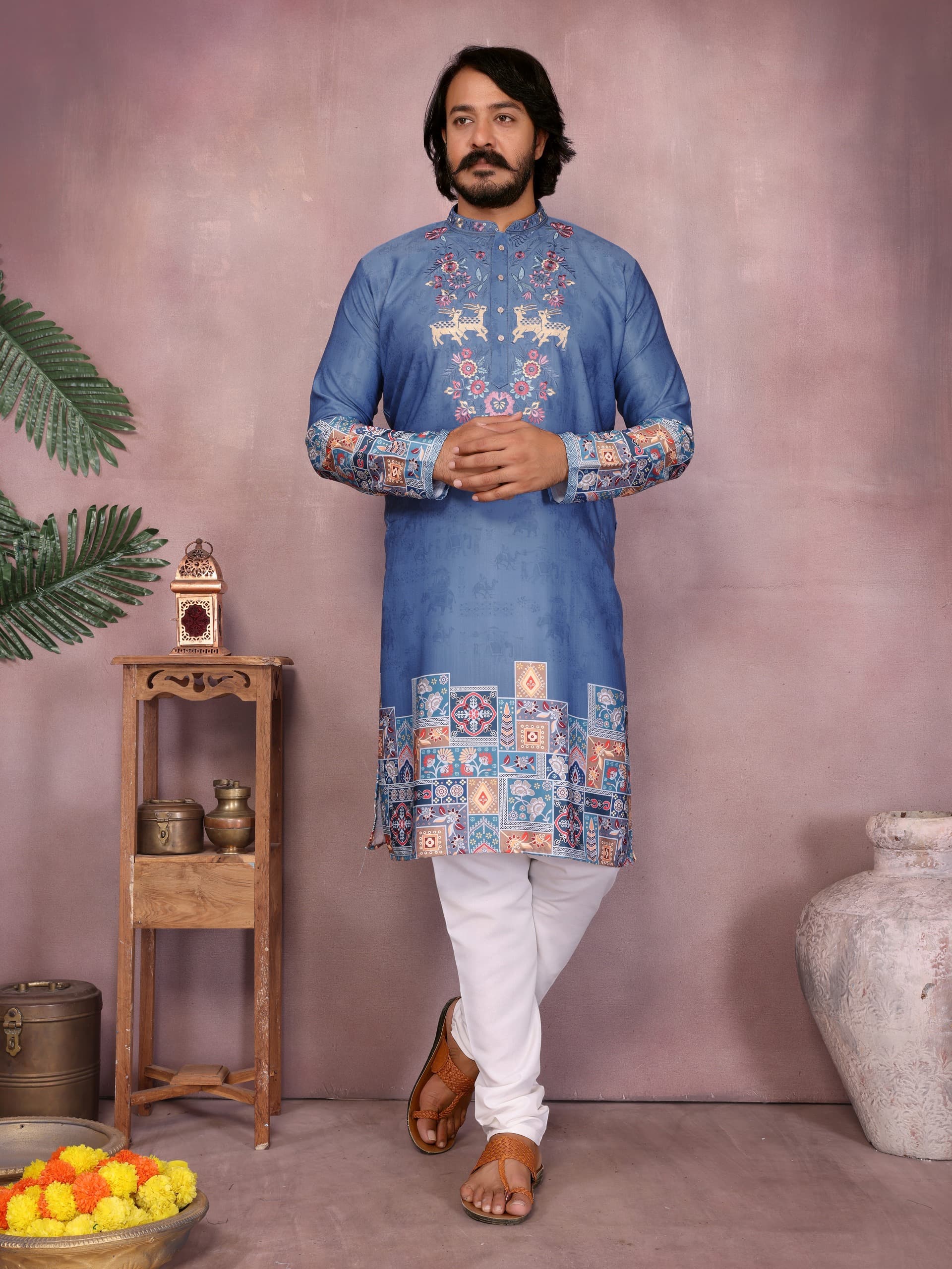 Heavy Khadi Cotton Printed Design Kurta Pajama Set For Men's