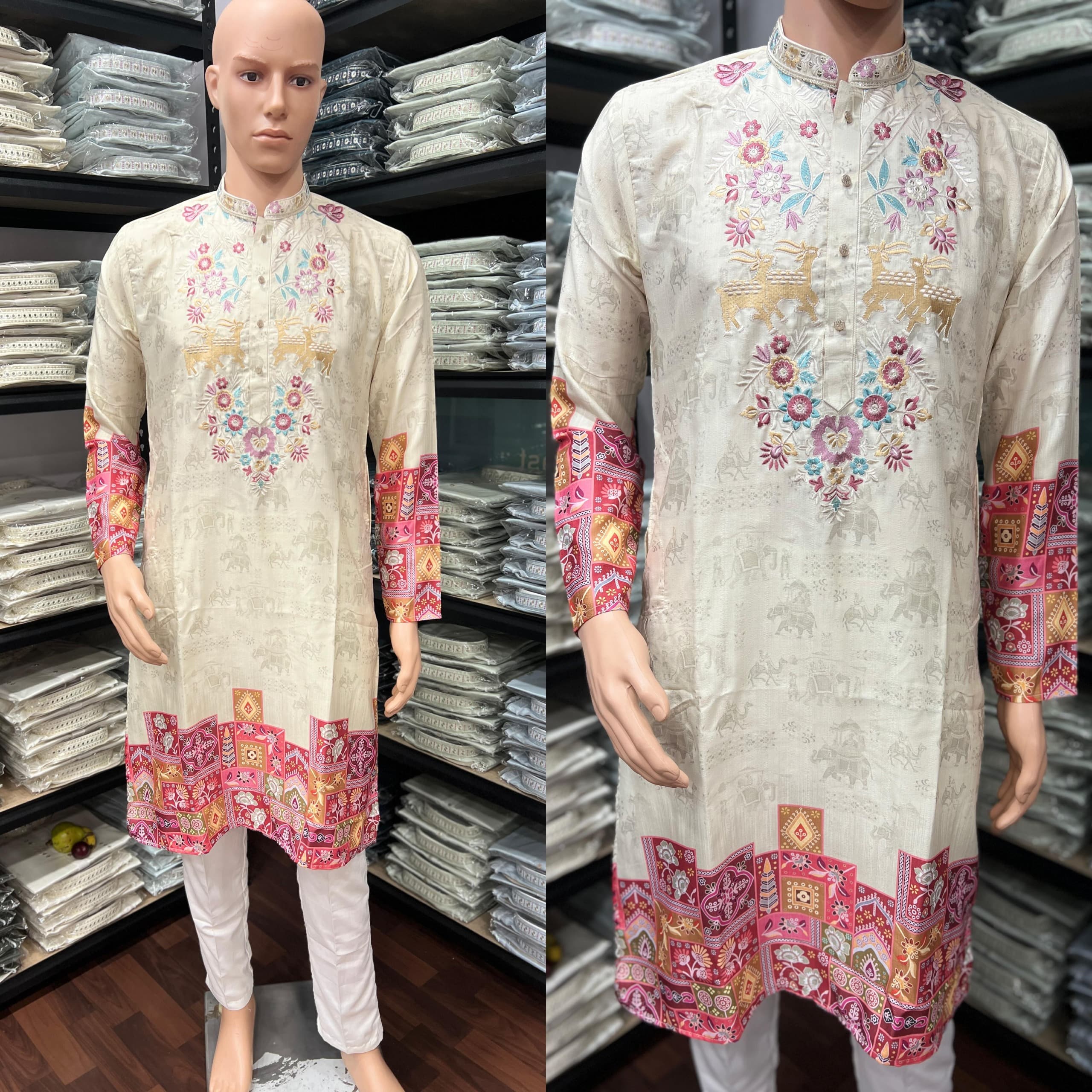 Heavy Khadi Cotton Printed Design Kurta Pajama Set For Men's