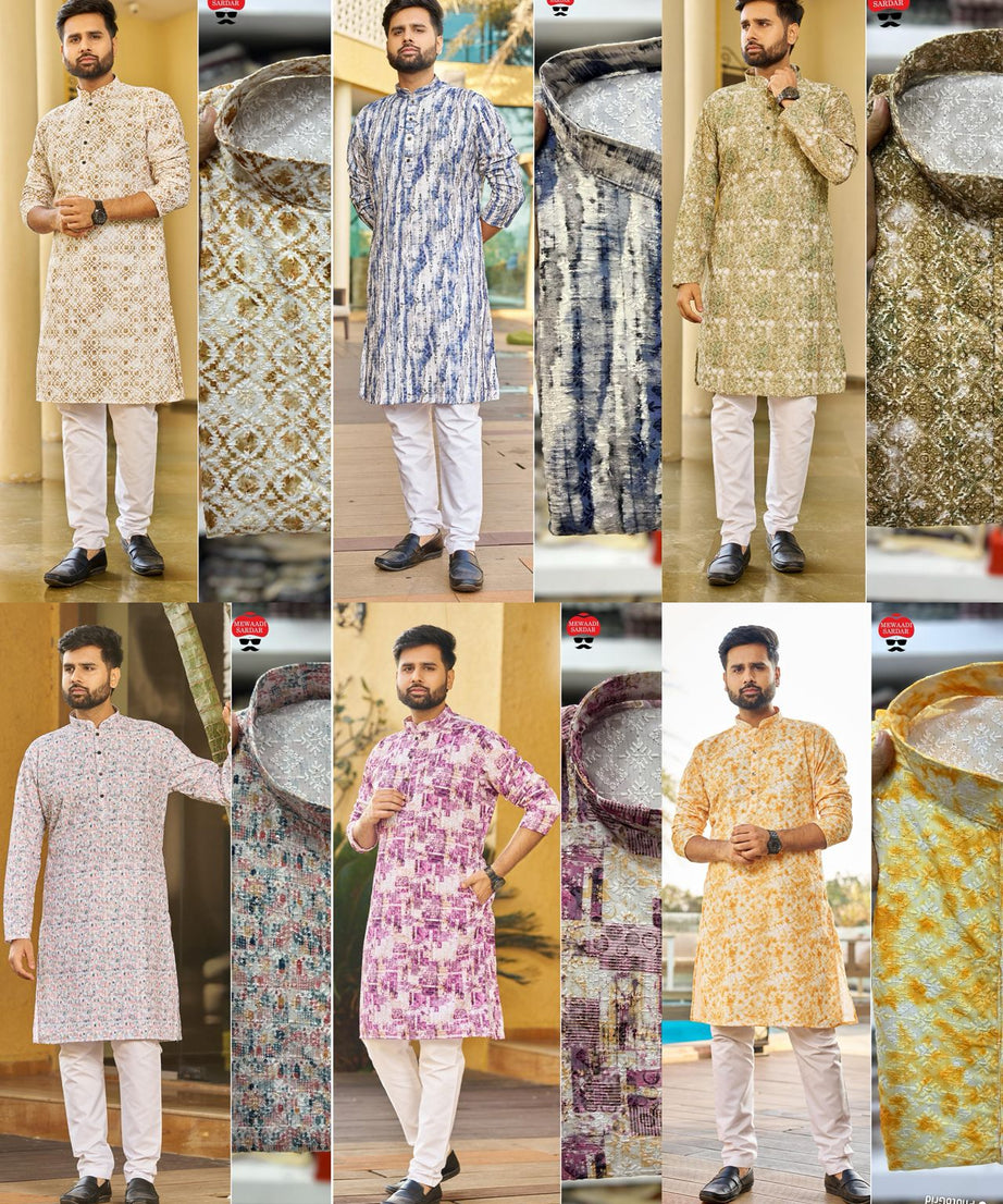 Traditional Heavy Rayon Schiffli Chikan Work  Men's Kurta Pajama Set