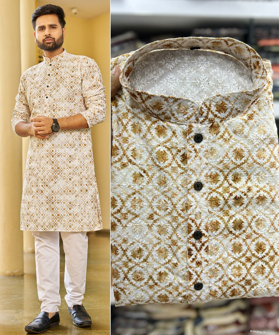 Traditional Heavy Rayon Schiffli Chikan Work  Men's Kurta Pajama Set