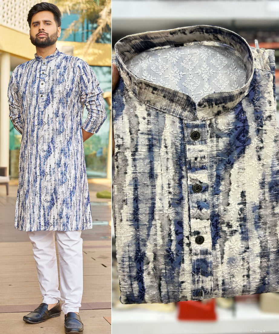 Traditional Heavy Rayon Schiffli Chikan Work  Men's Kurta Pajama Set