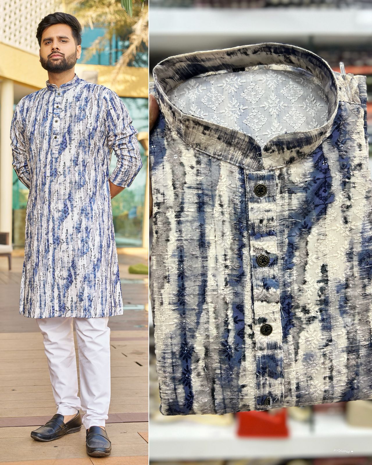 Traditional Heavy Rayon Schiffli Chikan Work  Men's Kurta Pajama Set