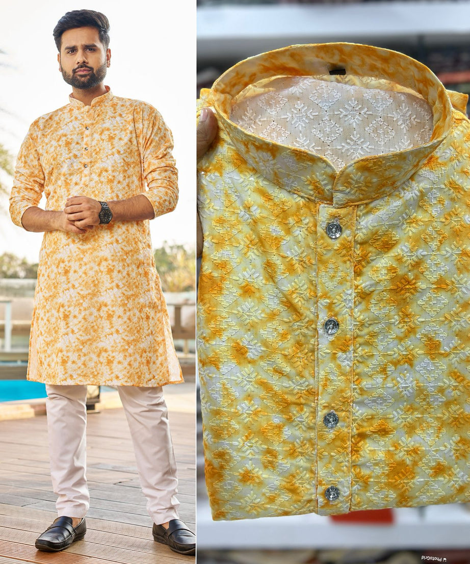 Traditional Heavy Rayon Schiffli Chikan Work  Men's Kurta Pajama Set